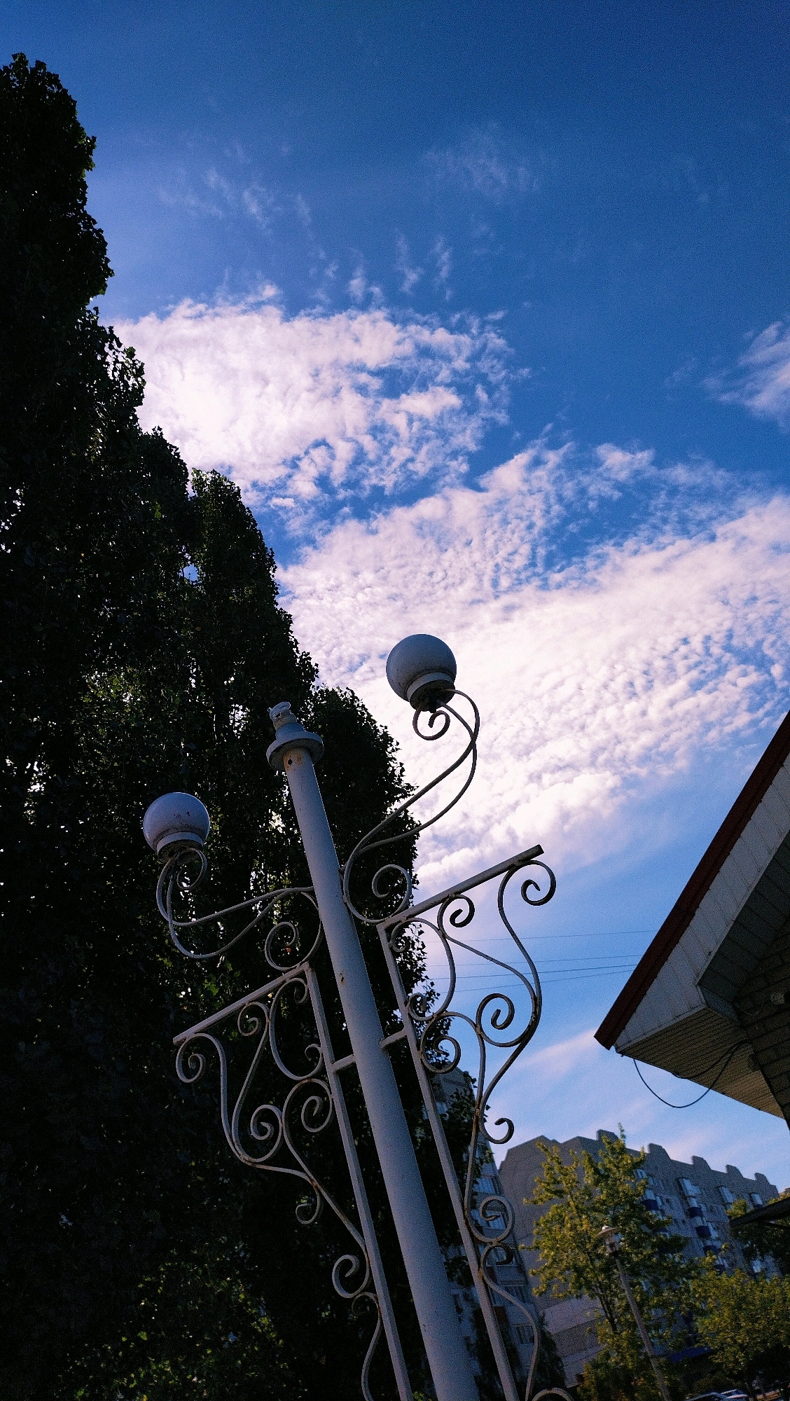 The image depicts a close-up, low-angle shot of a white, ornate street lamp against a bright blue sky filled with wispy white clouds. The lamp has two spherical light fixtures, one visible on the left and another slightly higher on the right, each attached to decorative, curved metal supports. The lamp post itself is a simple, white cylindrical pole with some visible hardware at the top. To the left of the lamp post, a large, dark green tree with dense foliage dominates the background. In the upper right corner, a section of a building's roofline, a simple gable with dark red trim, is visible. Further in the background, beyond the tree, the tops of other buildings and trees are discernible. This scene is consistent with an outdoor public space, likely a park or street in the city of Horishni Plavni, Ukraine, given the architectural style of the buildings and the presence of typical urban greenery. No people are present in the frame.