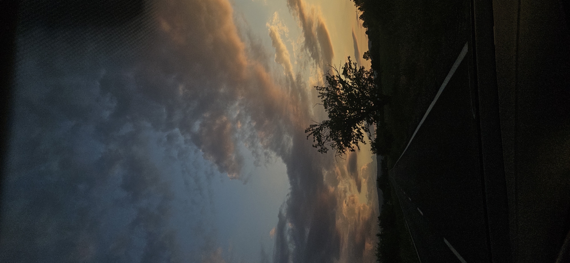 The image depicts a rural road scene at dusk or sunset in Dolna Banya, Bulgaria, photographed from inside a vehicle. The upper two-thirds of the frame are filled with a dramatic cloudy sky, transitioning from dark blue-grey and dense cloud formations in the upper left to vibrant hues of orange, pink, and light blue towards the horizon on the right, illuminated by the setting sun. The clouds exhibit varying textures and densities.
An asphalt road, marked with faint white dashed lines on the left and a solid white line on the right shoulder, extends from the lower center of the frame into the distance. A prominent, dark silhouette of a deciduous tree with a relatively full canopy stands to the right of the road in the midground, contrasting sharply with the illuminated sky. Dark, sparse vegetation lines the roadside. Distant hills or mountains are faintly visible as dark silhouettes against the lighter horizon line. The immediate foreground shows a dark, textured surface, indicative of a car's dashboard or interior panel, confirming the vantage point from within a vehicle. The scene is characterized by low light conditions, producing strong silhouettes and emphasizing the vibrant colors of the twilight sky. No people or active subjects are present.
