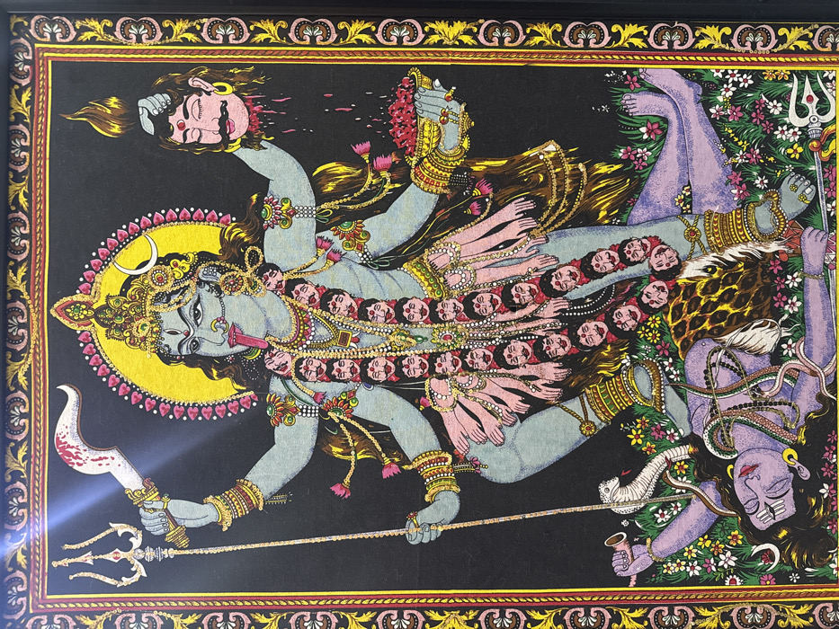 This image is a vibrant and detailed framed artwork depicting figures from Hindu mythology, presented against a black background with an ornate gold and maroon border. The style is illustrative and rich in traditional iconography.
The central and most prominent figure is a multi-armed female deity with blue-grey skin. She has a fierce expression with a red tongue extended from her mouth. Her dark hair flows wildly around her, and she is adorned with an elaborate gold crown, large earrings, necklaces, armbands, and bracelets. Behind her head is a bright yellow circular halo with a red and pink outline, containing a crescent moon on her left side. Around her neck, she wears a long garland made of numerous severed human heads, each depicted with light skin and dark hair.
She has at least eight arms visible, each holding various objects or in specific mudras (hand gestures). In her upper left hand, she holds another severed human head, from which droplets appear to be spraying. In her lower left hand, she wields a curved sword or scimitar, which is stained with red, suggesting blood. Below the sword, she also holds a golden trident (trishula).
Beneath the powerful female deity lies a light purple-skinned male figure, seemingly prostrate or unconscious, amidst a bed of green foliage dotted with small white and pink flowers. He has dark hair, a mustache, and closed eyes, conveying a serene or subdued expression. He wears necklaces, possibly made of beads, and an animal skin (with a leopard print pattern) around his waist. Several snakes are coiled around his body, particularly on his arms and chest. One of his hands appears to hold a small, golden cup or bowl, while another hand is near a white trident.
The entire scene is rendered with striking colors that pop against the dark background, emphasizing the intricate details of the figures' adornments and features. The presence of severed heads and weaponry, along with the powerful stance of the female deity over the prostrate male figure, suggests a depiction of the Hindu goddess Kali standing over Shiva. There is no visible text in the image.