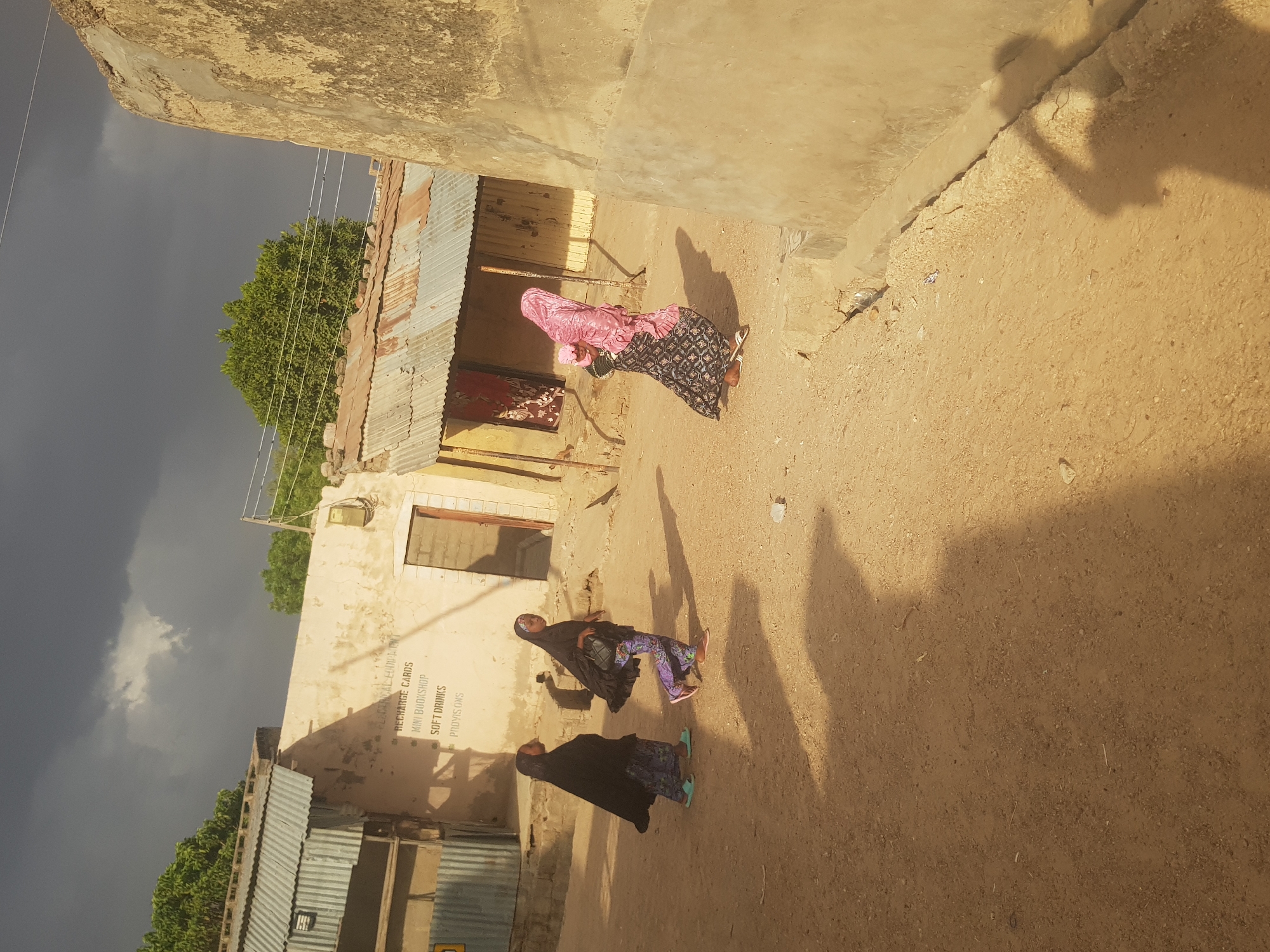 Dutsinma B, Nigeria: Three women walk along a dirt street between buildings. One woman wears a pink headscarf and a patterned dress. Two women wear dark, full-length garments. Buildings constructed of concrete and corrugated metal line the street. A shop advertises recharge cards, a mini bookshop, soft drinks, and provisions. The sky is overcast.