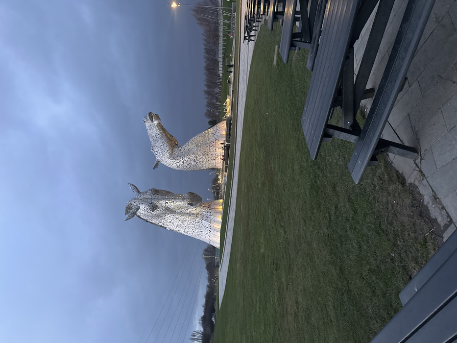 The image displays The Kelpies, two large, intricately structured steel horse-head sculptures, located in The Helix Park, Falkirk, United Kingdom, under a dark, overcast twilight or early night sky. Both sculptures are illuminated from their bases with white-yellow light. The sculpture on the left faces forward and slightly right, while the sculpture on the right has its head tilted back and upwards, mouth agape.
In the foreground to the right, several dark grey picnic tables with integrated benches are arranged in rows on a paved surface. An expanse of green grass fills the left foreground and mid-ground, leading to a curved paved pathway that encircles the base of the sculptures. Water features are visible around the structures. Several small human figures are discernible near the base of the illuminated sculptures. The background features sparse, bare trees and power lines on the left horizon, and a dense line of bare trees with streetlights on the right horizon.