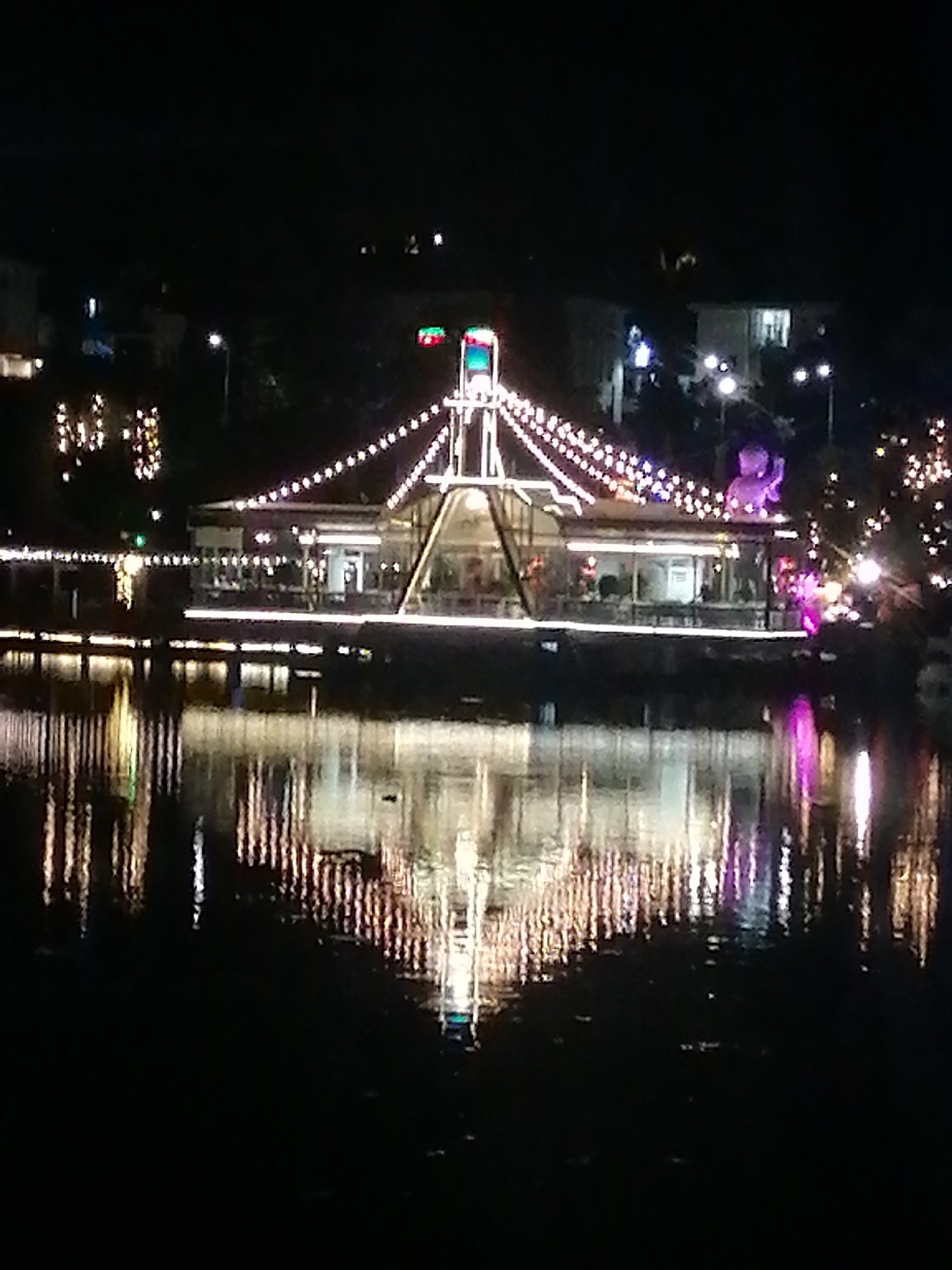 Captured at night in Da Lat, Vietnam, the image showcases a building illuminated with strings of lights, its reflection shimmering on a body of water. The building appears to be situated on the water's edge or on a platform extending into the water. The lights create a festive or decorative ambiance. In the background, other buildings are visible, with their own lights adding to the nighttime scene. The image suggests a recreational or entertainment venue.