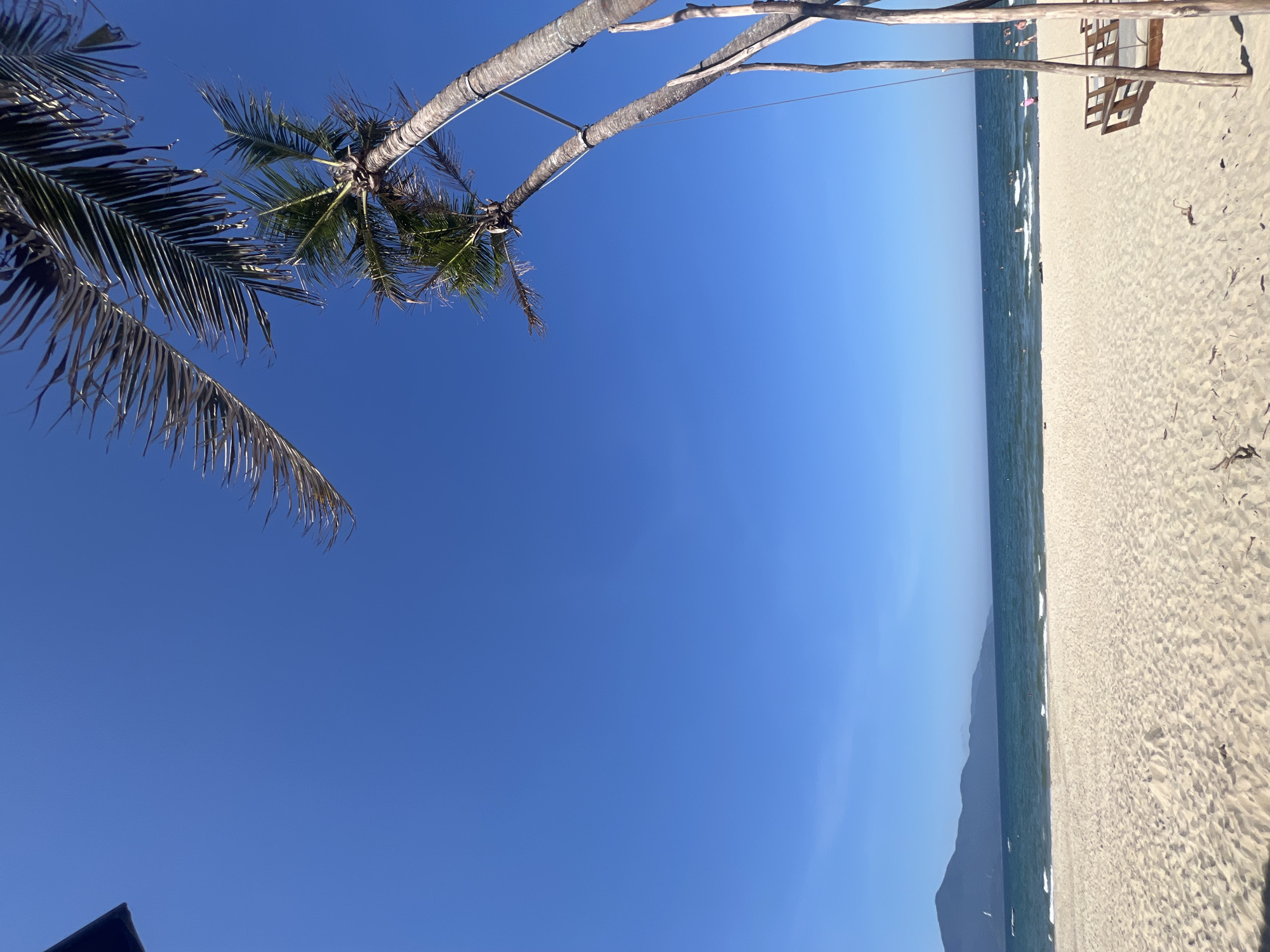 This image captures a serene beach scene on a clear day in Da Nang, Vietnam, likely My Khe Beach. The foreground is dominated by a wide expanse of light-colored sand, with subtle footprints and some dried vegetation scattered across its surface. To the right, a rustic wooden swing set constructed from driftwood and poles stands partially in frame, casting a shadow.
Beyond the sand, the tranquil turquoise ocean stretches towards the horizon, with gentle waves lapping at the shore. A few distant figures can be seen swimming and enjoying the water. In the background, a range of lush green mountains forms a picturesque silhouette against the bright blue sky.
Two palm trees, with their fronds reaching towards the sky, are prominent in the upper right portion of the image, adding to the tropical ambiance. The sky itself is a vast, cloudless expanse of vibrant blue, indicative of a sunny day. The overall impression is one of peaceful relaxation and natural beauty.