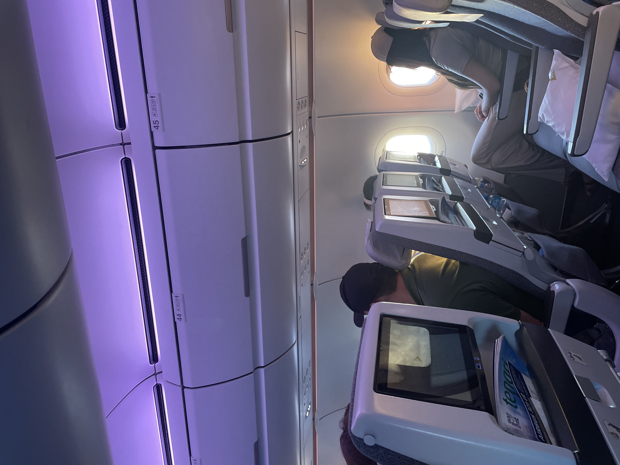 The image depicts the interior of an airplane cabin, likely during a flight. The lighting is purple and yellow, suggesting ambient cabin lighting. In the foreground, a seat with a built-in entertainment screen is visible, displaying a generic image. A magazine with the title "tepogui" is in the seat pocket. A person wearing a green shirt and a black cap is seated in the row behind the screen. Further back, a woman wearing a light-colored cap and a beige outfit is seated by a window. The overhead compartments are closed, and seat numbers "44" and "45" are visible on them, indicating this is row 44 or 45. The environment is a typical airplane cabin. The image does not provide any specific visual information to determine the exact location within Arnavutköy, Turkey; it is a generic airplane interior.
