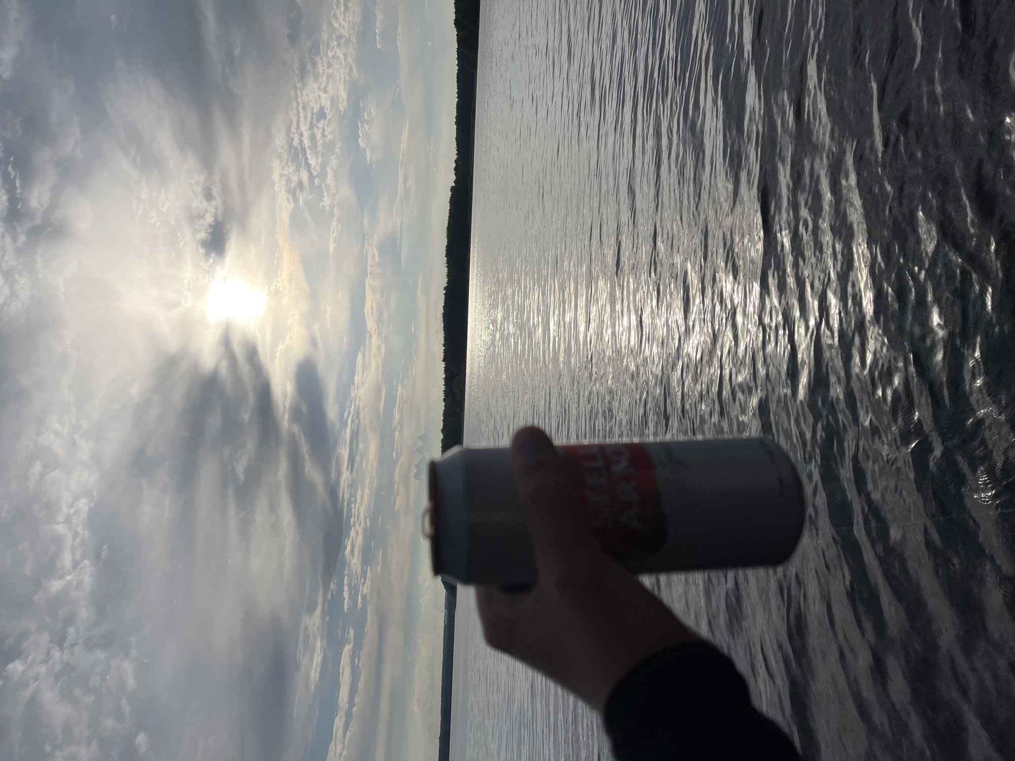 A photo captures a sunny day on a body of water, possibly a lake, bordered by trees. Bright sunlight filters through the clouds, creating reflections on the water's surface. A person is holding a can of Stella Artois beer in the foreground. The location is not specified as the city of Пятница, Russia.