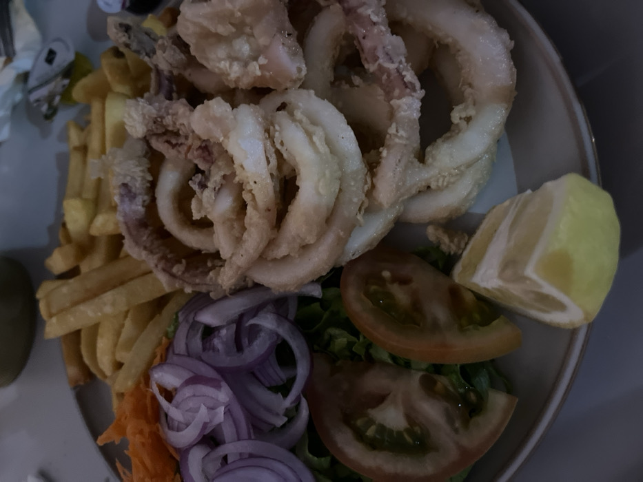 A plate of food, consisting of fried calamari rings, french fries, lettuce, tomato slices, red onion rings, and a lemon wedge, is arranged on a light gray plate. The food is located in the city of Arucas, Spain, at coordinates 28.118 latitude and -15.524 longitude. The plate is on a table, and the surrounding environment is not visible. The food appears to be a meal or snack.