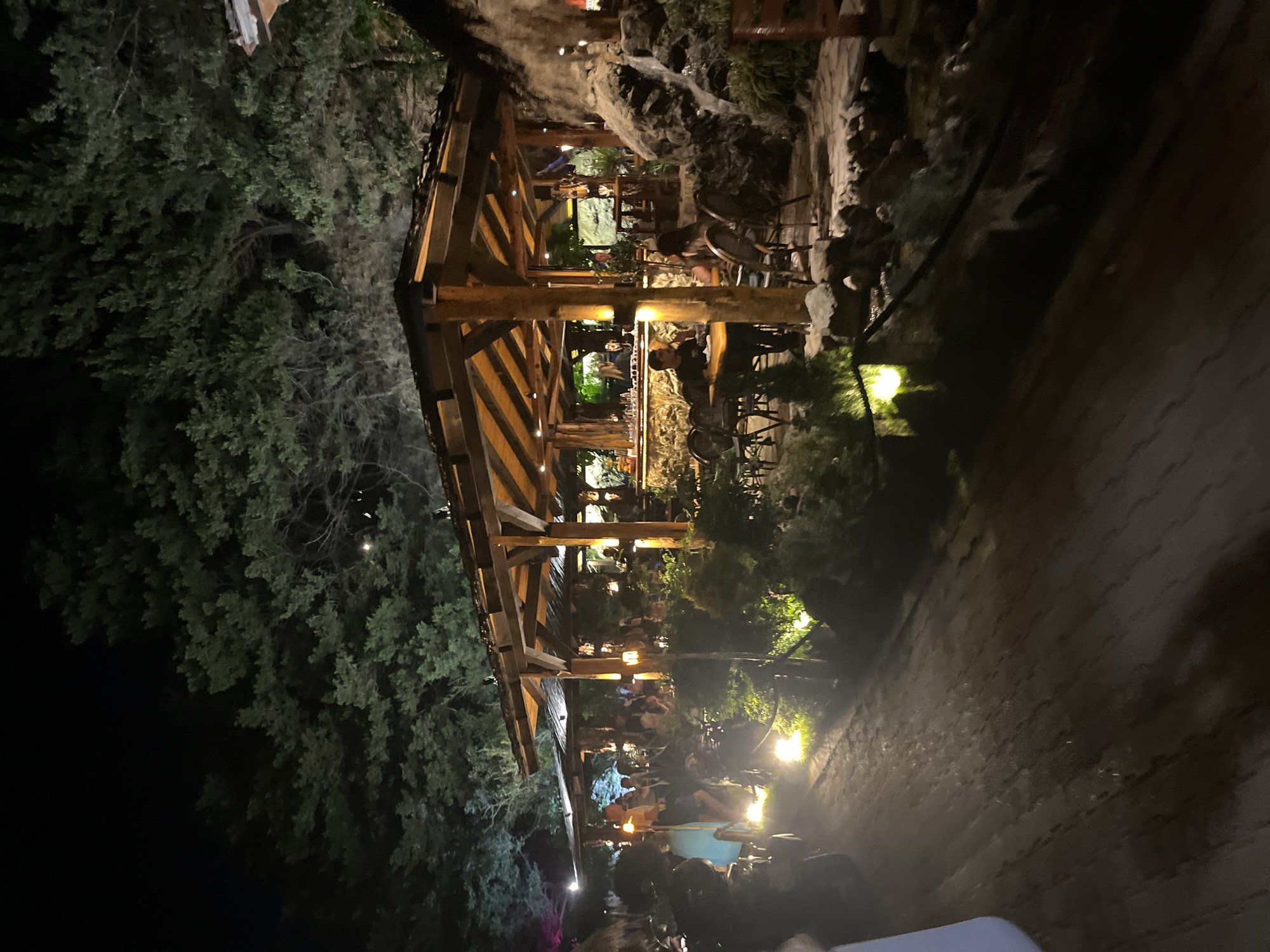 The image presents an outdoor dining and bar establishment at night, situated within a densely treed environment in Bečići, Montenegro. A central, open-sided pavilion features a gabled wooden roof supported by heavy timber beams. The roof's underside is brightly illuminated by numerous embedded warm-toned lights, complemented by torch-like fixtures attached to the vertical wooden posts.
Multiple individuals are present throughout the establishment, engaged in dining and socializing. Within the pavilion, patrons are observed seated at various dark tables with matching chairs, and some are standing. A long bar counter, stocked with bottles and glassware, is visible at the rear of the structure, with an individual standing behind it.
The foreground comprises a dark, textured pathway, possibly wooden or gravel, illuminated by evenly spaced warm yellow ground lights. To the right of this path, a dark body of water, possibly a pond or stream, is bordered by a dark rope or barrier. Adjacent to the right side of the main pavilion structure, a constructed rock formation incorporates a small waterfall or water feature. Green foliage and shrubs are integrated into the landscaping around the pavilion and along the water.
The background is characterized by a dense canopy of dark green coniferous trees, suggesting a forested or heavily vegetated setting. A faint, circular light source is visible through the tree canopy in the upper right quadrant of the image. A partial light blue object is visible in the immediate left foreground.