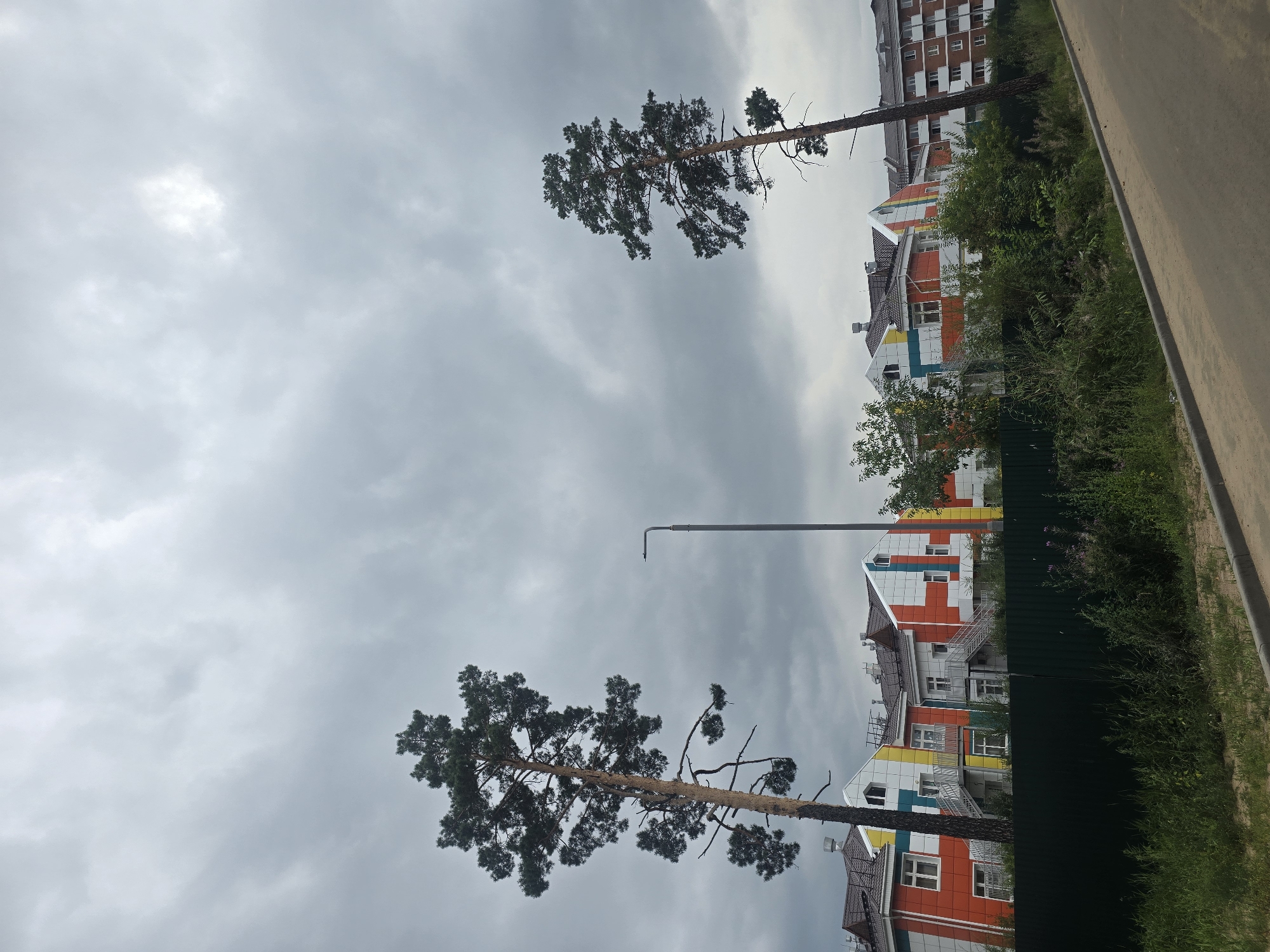 This is a vertical, eye-level, full shot of two tall pine trees in front of a row of brightly colored, modern buildings under a cloudy sky. The buildings are two and three stories tall and have red, orange, yellow, and white facades with white windows and trim. Some of the buildings have metal staircases leading to upper floors. A dark green metal fence runs along the front of the buildings. The ground in front of the fence is covered in green grass and various weeds. A paved road is visible in the lower right corner of the image, with a curb separating it from the grassy area. A tall, dark grey street lamp stands between the two pine trees. In the background, there is a larger, red-brick apartment building. The sky is overcast with heavy grey clouds, suggesting it may rain. The overall scene appears to be a newly developed residential or educational area. Based on the architecture and the context provided, this location is likely in Ulan-Ude, Russia.
