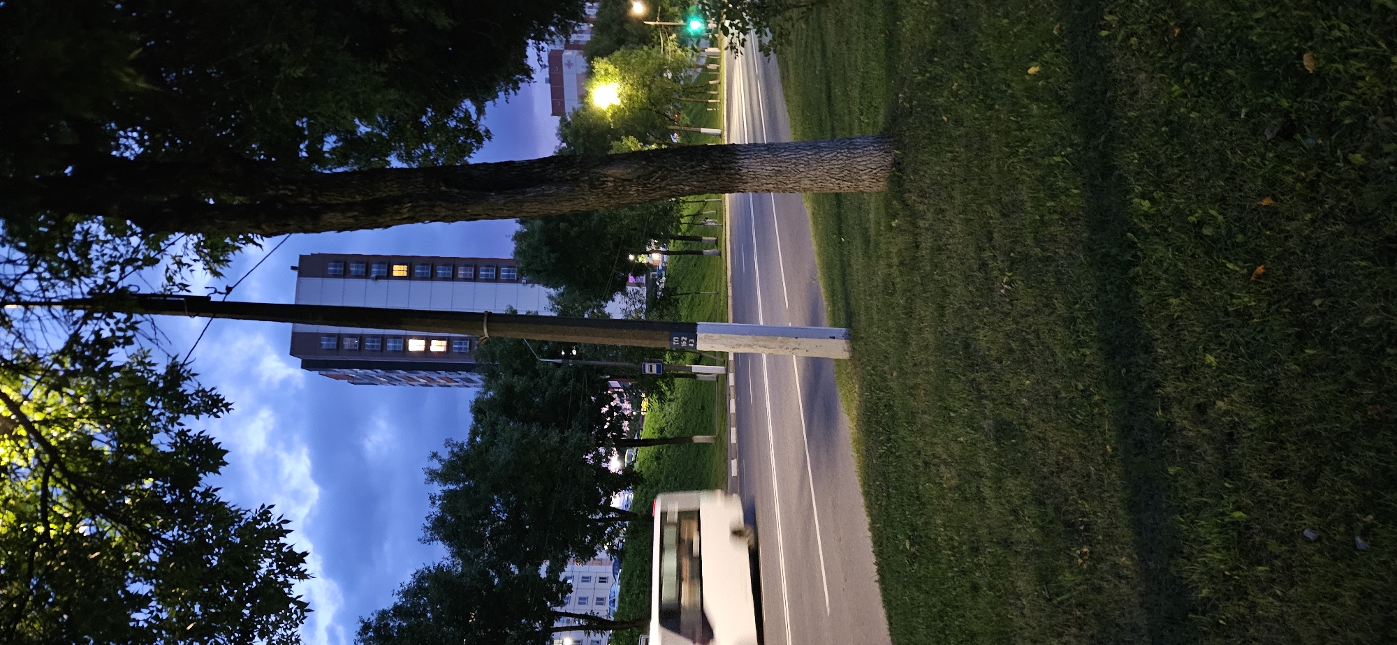 The image captures a scene at dusk on a road in Vitsebsk, Belarus, near the intersection of Tereshkovoy Street and Moskovsky Avenue. The perspective is from a grassy area adjacent to the road, looking towards a multi-lane road with a white bus in motion on the left.
Dominating the background is a tall, modern residential building with a distinctive architectural style, characterized by its light-colored facade and multiple floors with regularly spaced windows. Several windows on the building are illuminated, suggesting occupancy. The sky above is a deep twilight blue, with scattered clouds.
In the mid-ground, trees line the side of the road, their foliage dark against the evening sky. A prominent utility pole stands near the center of the frame, painted with white and blue stripes at its base. The road itself features white lane markings and a pedestrian crossing. Traffic lights are visible further down the road, with a green light illuminated.
The foreground consists of a well-maintained grassy area, casting shadows from the nearby trees. Scattered leaves are visible on the grass. The overall impression is one of a calm, urban evening.