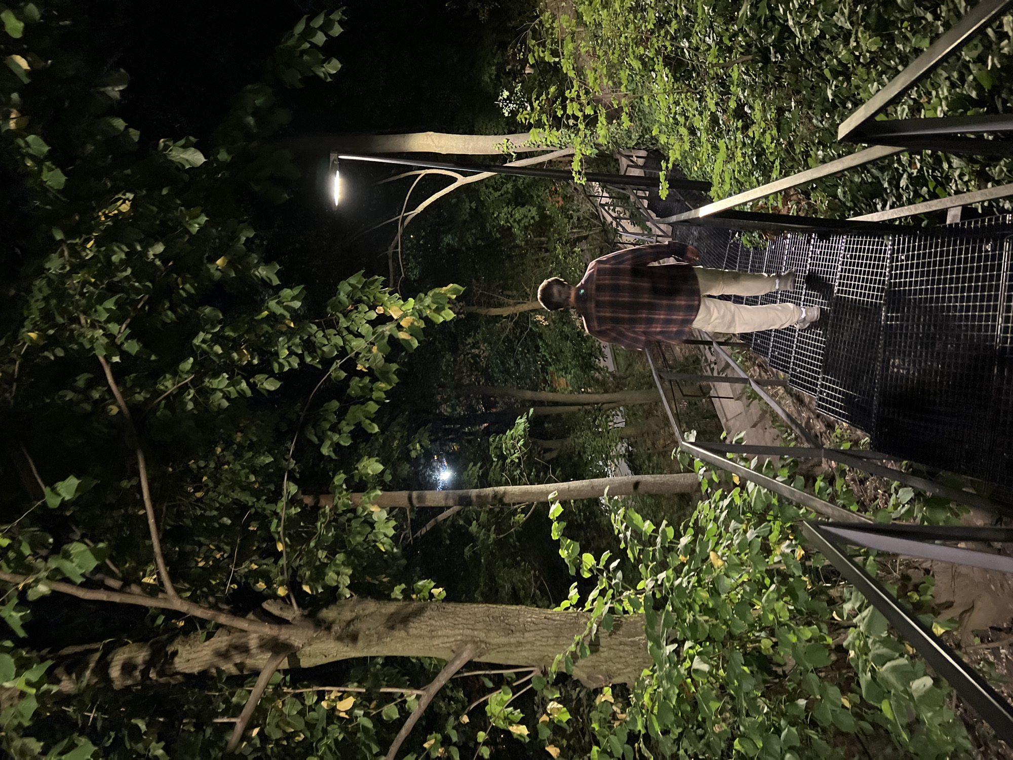 A man wearing a plaid shirt and light-colored pants walks down a metal grated staircase at night. The staircase is flanked by lush green foliage on both sides, with trees visible in the background. A modern street lamp illuminates the path. The scene is dark, with shadows cast by the trees and the artificial light. This staircase is located in Nitra, Slovakia, near the Zobor hill.