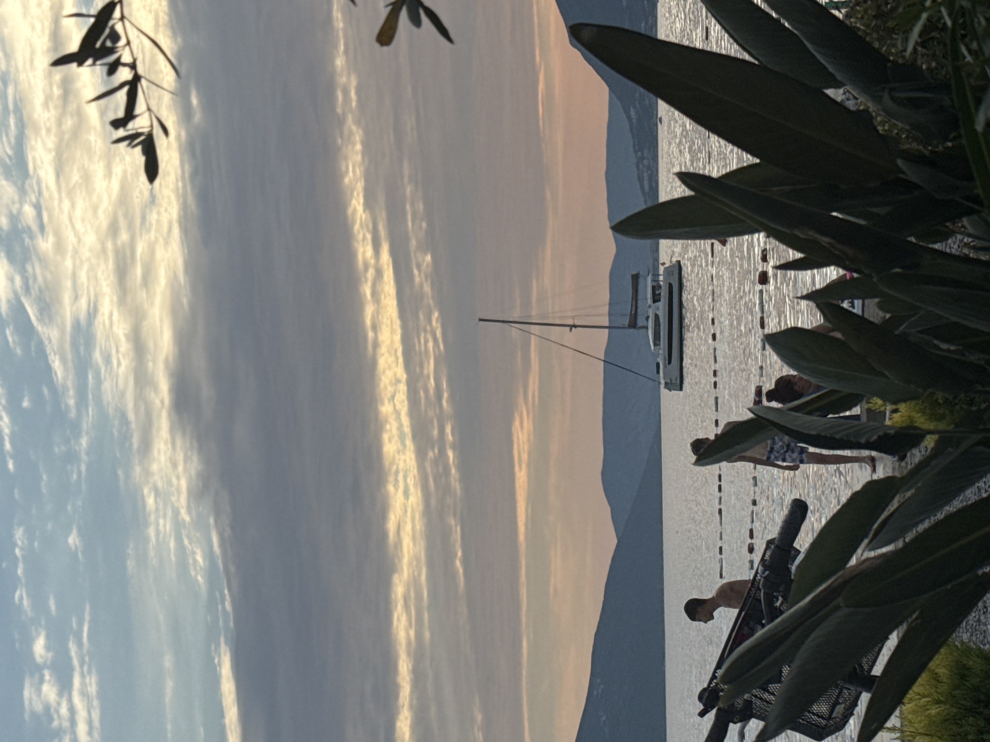 A wide shot captures a serene coastal scene at dusk. The sky, a canvas of soft blues, grays, and warm golden hues, suggests the setting sun. Wispy clouds streak across the expanse, catching the fading light. In the distance, a calm body of water reflects the sky's colors. A sailboat with a single mast is moored on the water, its silhouette stark against the horizon.
Along the shoreline, several individuals are visible. One person, seen from the waist up, is standing near the water's edge. Another person, partially obscured by foliage, appears to be sitting. Further along, two individuals are in the water, one appearing to walk out of the sea. The presence of a beach chair and a small railing with buoys indicates a recreational area. Lush green foliage, including large, broad leaves, frames the right side of the image, adding a natural element to the scene.
The overall mood is tranquil and peaceful, characteristic of a late summer evening by the sea. The soft lighting and the calm water contribute to this feeling of serenity. No visible text is present in the image.