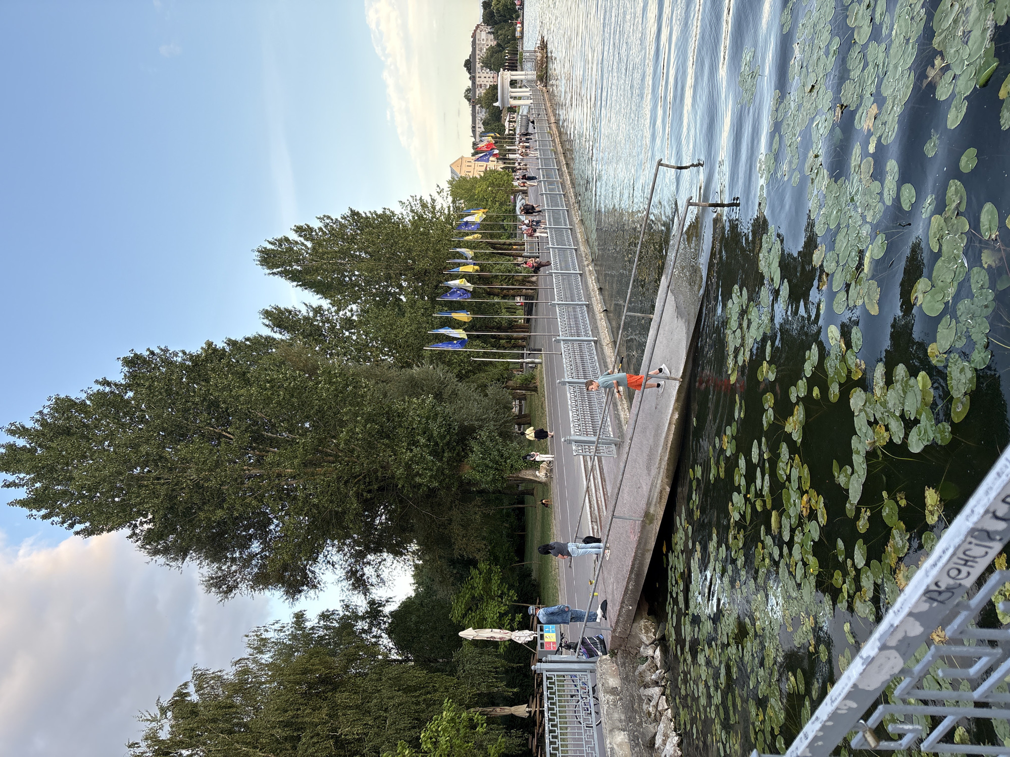 This is a photograph of the Ternopil Lake embankment in Ternopil, Ukraine. The image captures a wide view of the waterfront promenade, bustling with activity under a clear blue sky with scattered clouds. The foreground features a concrete ramp leading down to the water, where numerous lily pads float on the dark surface. A young boy wearing an orange t-shirt and shorts is visible on the ramp, appearing to be fishing.
The embankment itself is lined with a decorative metal fence, beyond which a paved walkway stretches into the distance. A row of flags, including the Ukrainian flag and European Union flags, are prominently displayed along the walkway. Several people are seen strolling along the promenade, some with dogs. Trees line the walkway on the left side of the image, offering shade.
Further down the embankment, a white gazebo-like structure with columns is visible, and beyond that, buildings and more trees form the city skyline. The lake reflects the sky and the surrounding scenery. The overall atmosphere is one of a pleasant late afternoon or early evening in a vibrant urban park.