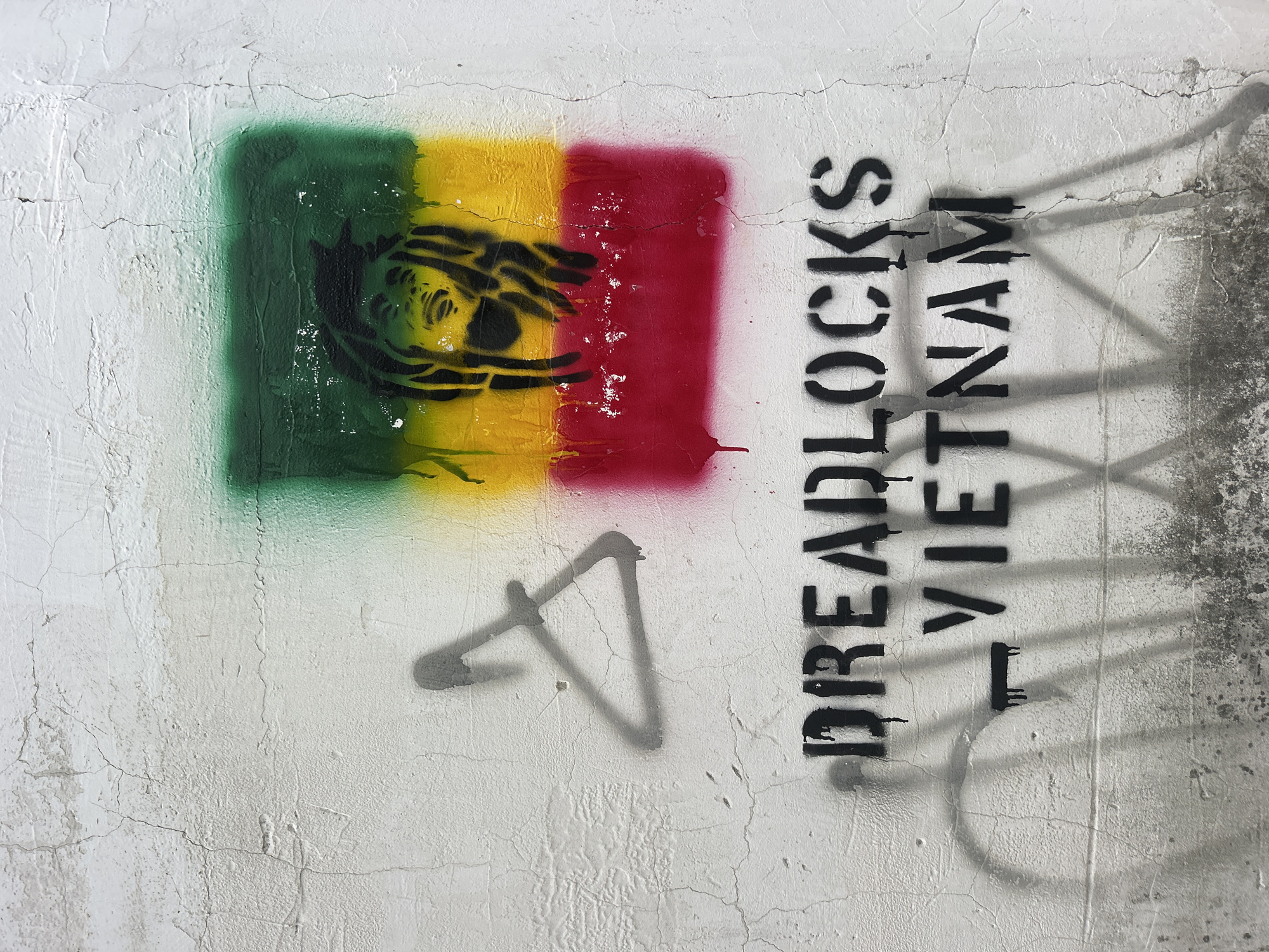 A close-up photograph captures a piece of spray-painted street art on a textured, cracked white wall in Bac Nha Trang Ward, Vietnam. The central element is a rectangular design, resembling a flag, composed of three horizontal stripes: green on the left, yellow in the middle, and red on the right. Within the yellow stripe, a black stencil depicts an eye with a flowing, stylized mass of dreadlocks, extending slightly into the green and red sections.
To the right of this flag-like imagery, the words "DREADLOCKS VIETNAM" are spray-painted vertically in bold, black block letters. The paint shows some signs of dripping, particularly at the bottom of several letters. Below the flag and to the left of the text, a grey, angular spray paint mark is visible, resembling an abstract shape or part of an unfinished design. Further to the right and bottom, faint shadows are cast across the wall, suggesting external lighting and depth, along with some diffuse grey spray paint. The wall surface is uneven, with numerous fine cracks crisscrossing the white paint, adding to the urban, weathered aesthetic of the scene.