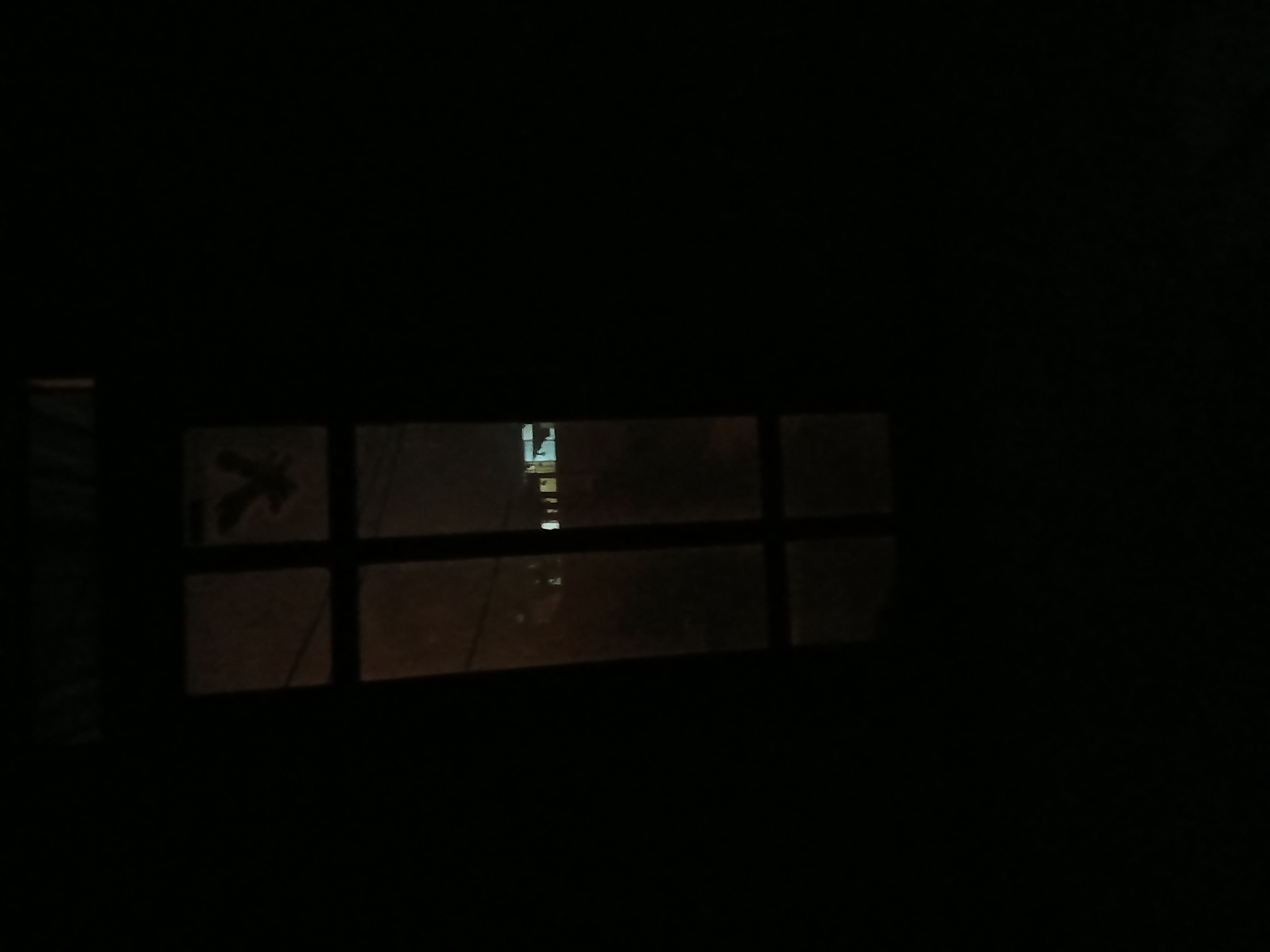 The image shows a dimly lit window at night. Through the window, several houses with illuminated windows can be seen. The window itself has a grid pattern, dividing it into panes. On the top left pane, there is a dark silhouette of a bird. The overall scene suggests a residential area at night, possibly in a rural or suburban setting. The location in Tenggarang, Indonesia is not visually discernible from the image itself.