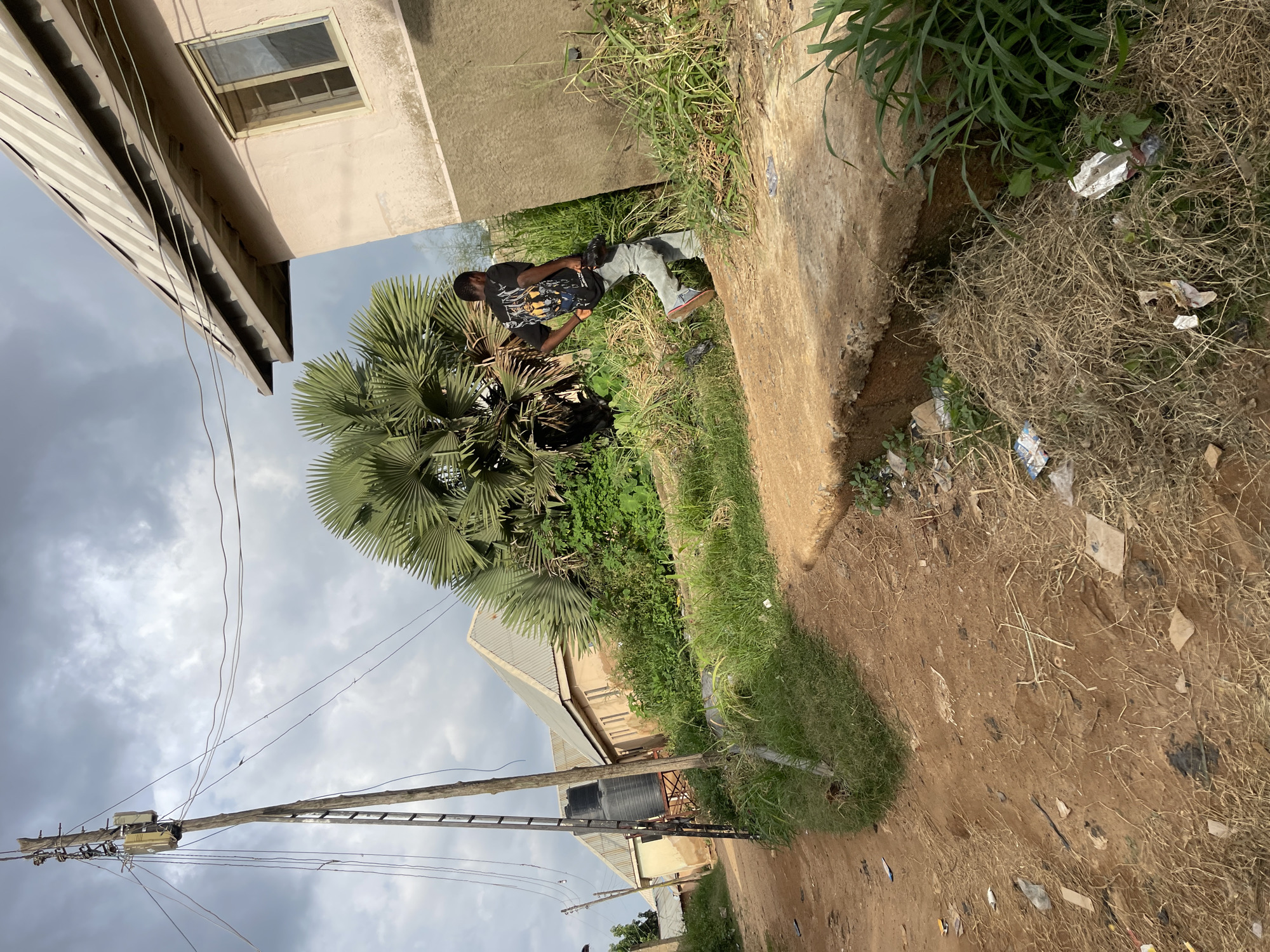 The image depicts a scene in Rafin Par, Nigeria, featuring a young Black male walking on a dirt path alongside a building. The man is wearing a black t-shirt with a graphic design and light-colored pants. He is carrying a dark object in his right hand and is walking away from the camera. The environment is characterized by a dirt road, overgrown dry grass, and a building with a light pink facade and a corrugated metal roof. Electrical poles and wires are visible in the background, along with a large water tank. The sky is overcast with dark clouds. The ground is littered with debris, including plastic bags and wrappers. A large fan palm tree is prominently featured behind the building.