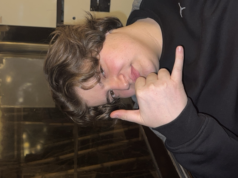 A young person with curly brown hair, fair skin, and freckles is positioned at an angle, facing the viewer with a playful expression. The individual is wearing a black sweatshirt with a gray accent at the shoulder. Their hand is making a "shaka" sign, with the thumb and pinky extended. A reflective surface is visible behind them, hinting at an indoor setting with some overhead lighting.