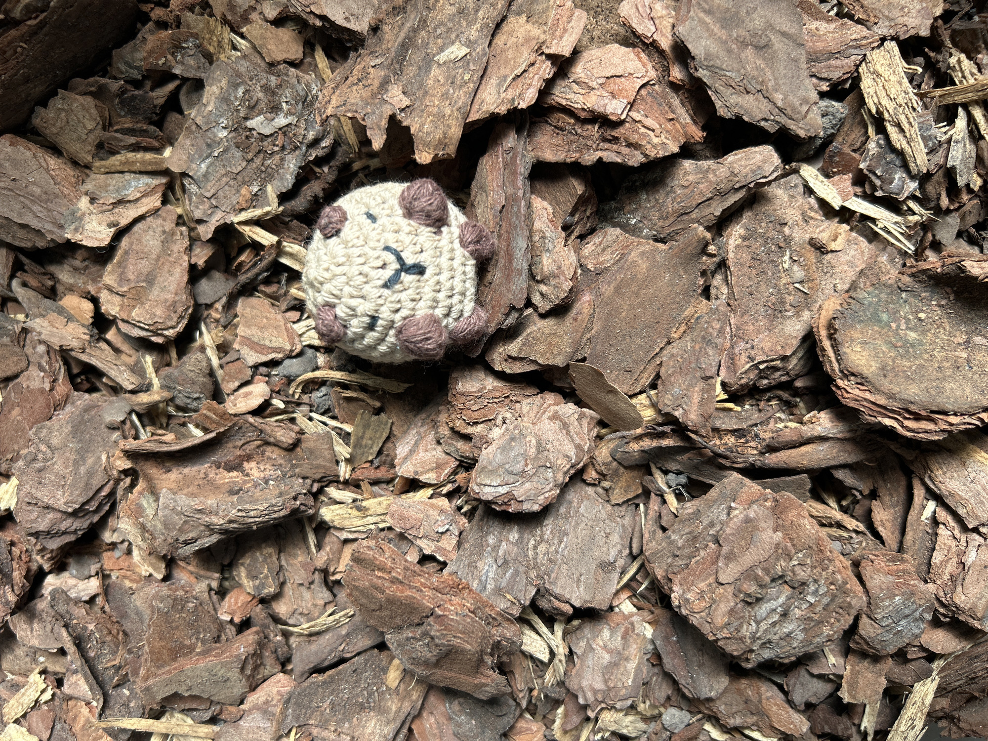 The image depicts a close-up view of a pile of bark pieces, amidst which lies a small, handcrafted, possibly crocheted or knitted, animal-like toy. The toy is round, beige in color, with small, brown, round features possibly representing ears or spots, and a dark cross-stitched or embroidered detail on its face. The surrounding bark pieces are mostly brown with variations in texture and size. The specific location in Buenos Aires, Argentina, cannot be determined from the image alone, as the scene lacks discernible landmarks or contextual clues.