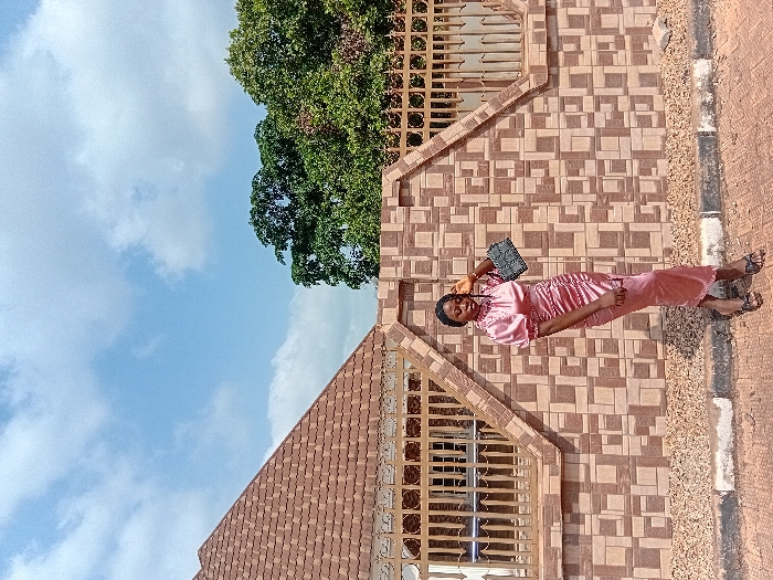 A young adult female is depicted standing outdoors in Ejule, Nigeria, posing in front of a tiled wall and metal fence. She wears a high-neck, long-sleeved, ruched pink satin dress and black open-toe flat sandals. Her left hand holds a dark, textured rectangular handbag, while her right hand is raised to the side of her head. The background features a low wall constructed from patterned light brown and beige tiles, topped by a decorative metal fence with intricate scrollwork. To the left, a building with a steep red-tiled roof is visible behind the fence. To the right, dense green foliage from trees extends above the fence line. The sky is light blue with scattered white clouds. The subject stands on a paved surface next to a curb, with gravel visible between the curb and the tiled wall.