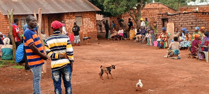 In a rural setting with red soil, a gathering of people is observed. Most of the attendees are seated in a circle, with brick buildings in the background. In the foreground, two individuals are standing, facing left. A goat and a duck are also visible in the open space, adding to the rural atmosphere. The scene appears to be a community event or meeting.