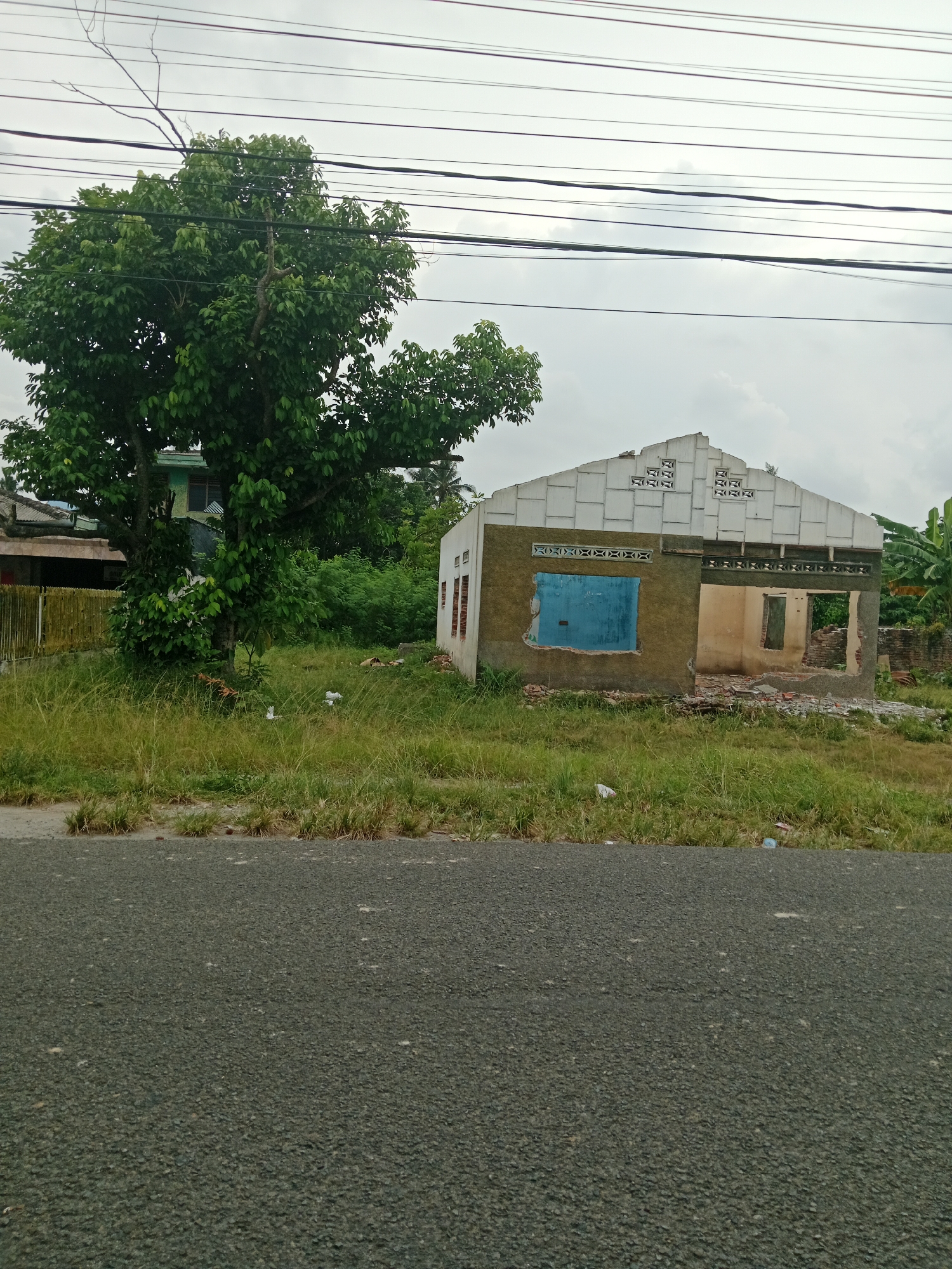 The image depicts the front view of a dilapidated house in a rural or semi-urban area, possibly within the city of Binjai, Indonesia. The house is in a state of severe disrepair, with a collapsed section on the right side, exposing the interior and piles of rubble. The facade has a partially painted exterior, with a large blue board covering what was likely a window opening. The roof is partially intact but shows damage, and decorative patterned blocks are visible along the gables and upper walls.
The house is situated on overgrown land with tall, dry grass and scattered debris. To the left of the house, a large, leafy green tree stands prominently, with its branches reaching towards the sky. In the background, other structures and vegetation are visible, including what appears to be another house with a fence and dense green foliage, possibly banana trees, suggesting a tropical environment.
Overhead, a tangle of power lines crisscross the sky, indicating the presence of electricity infrastructure. The sky itself is overcast, suggesting a cloudy or possibly rainy day. In the foreground, a dark asphalt road runs across the bottom of the image, indicating that the house is located near a road accessible by vehicles. The scene conveys a sense of abandonment and neglect.