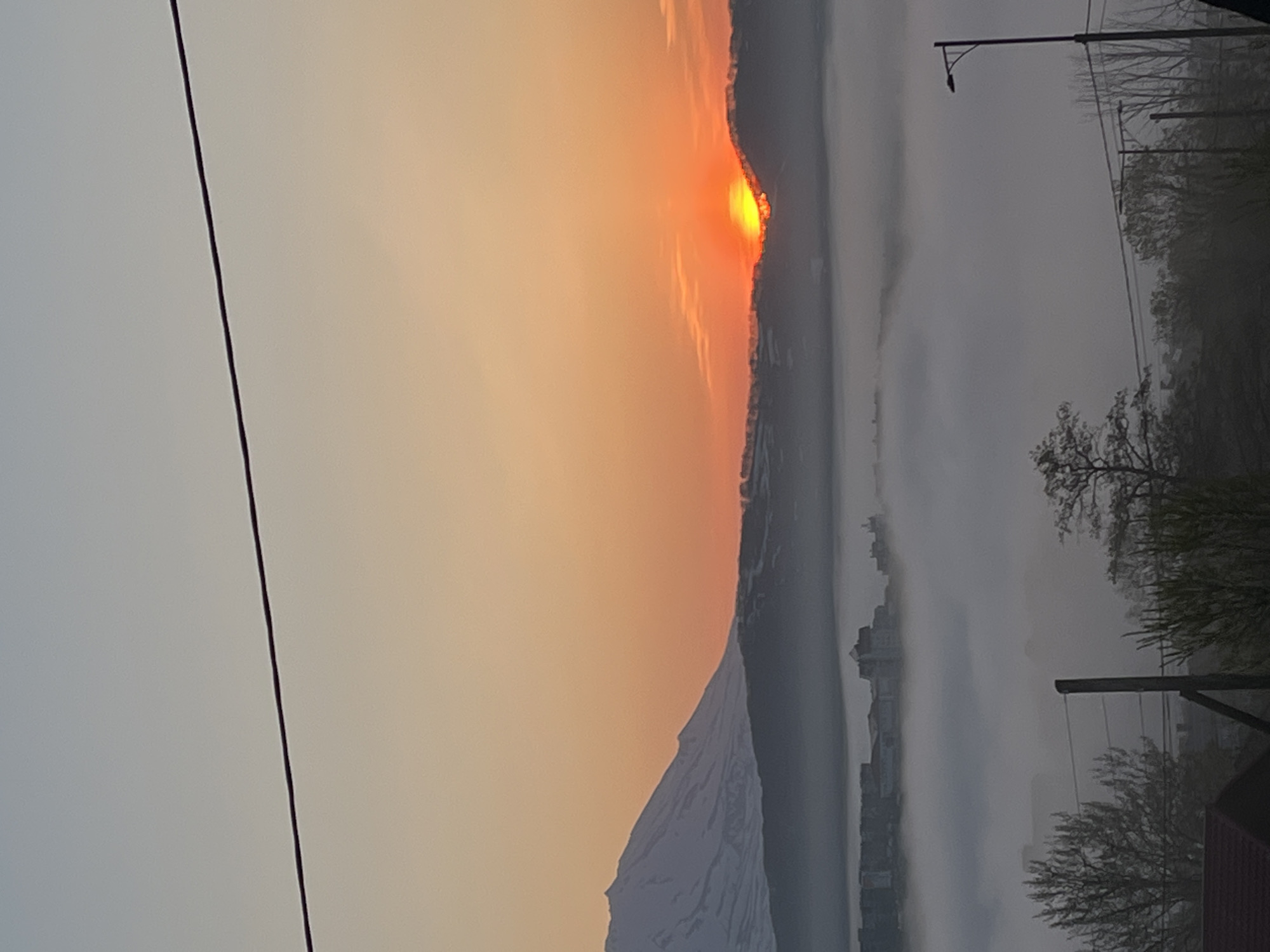 The image displays a dawn or dusk landscape over Petropavlovsk-Kamchatsky, Russia, dominated by a dense layer of low-lying fog or mist. The sky transitions from a light blue-gray at the top to a warm orange-yellow at the horizon. The sun, a bright yellow-orange disc, is partially visible, cresting over a dark, silhouetted hill range on the right side of the frame.
A large, snow-capped mountain, likely a volcanic peak, is present on the left, rising into the orange portion of the sky. Below the distant mountains, the upper sections of urban buildings are discernible as dark forms, emerging from or situated above the thick, grayish-white fog which covers the lower two-thirds of the scene.
In the foreground, bare deciduous trees with visible branches indicate a non-summer season. A dark, thick overhead cable or power line spans horizontally across the upper third of the image. On the right, a black street light pole, featuring an attached luminaire, extends vertically from the fog layer. Another dark utility pole with associated wires is visible in the bottom-left foreground, partially obscuring a reddish-brown roof structure. No individuals are present within the captured scene.