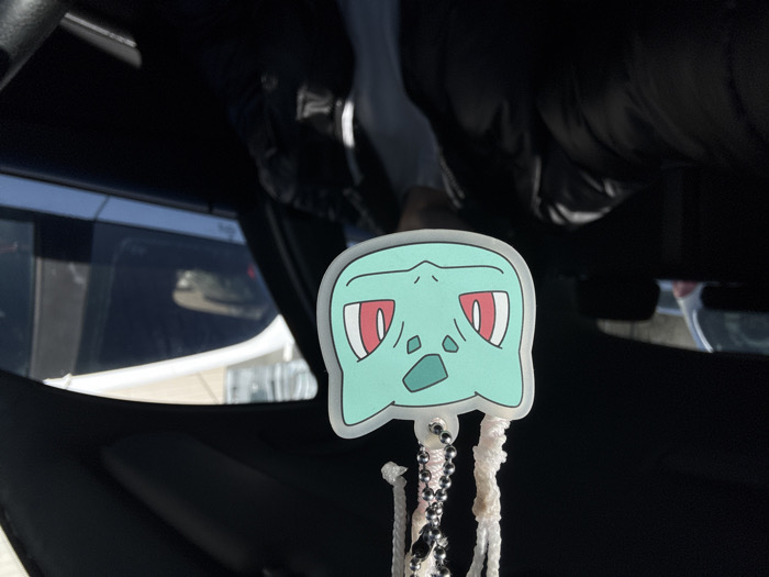 This image depicts the interior of a vehicle on a bright, sunny day in Rennes, France. A stylized, light teal-colored Bulbasaur head, functioning as an air freshener or charm, hangs centrally in the foreground, suspended by a white braided string and a silver ball chain. The Bulbasaur features prominent red eyes with white pupils and darker green spots on its head. A blurred individual, dressed in a dark puffer jacket over a lighter shirt, is visible in the driver's seat. Through the car's windows, other vehicles are observable in the exterior environment; a white car with tinted windows is prominent on the right, and another blurred vehicle is partially visible on the left. The sun illuminates the scene from the front and right side of the vehicle.