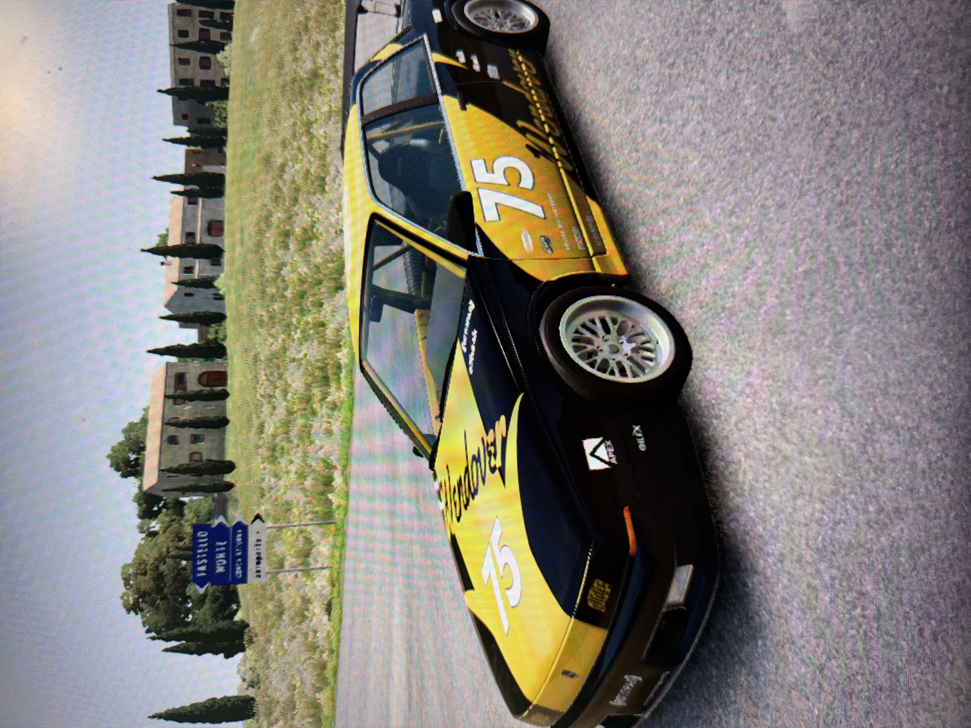 A black and yellow racing car is positioned on a paved road, likely captured from a video game due to the visible pixelation. The car features the large number "75" in white on its side, along with the text "Vendover" in a script font on the yellow section. Logos for "APEX" and "OilX" are also visible near the front fender. The car's wheels have a multi-spoke design.
The scene depicts a sunny daytime environment with a clear, light blue sky. In the background, a series of light-colored buildings, possibly houses or villas with red-brown roofs, are nestled among numerous dark green, slender, conical trees resembling cypresses. A field of lighter green and white vegetation lies between the road and the buildings.
On the left side of the road, a blue directional sign with white text points left. It indicates destinations such as "CASTELLO NORTE" and "ARCELLA" with a distance of "25 km," suggesting a location in an Italian-speaking region. The overall impression is a vibrant, rural or semi-rural landscape setting for a racing event or drive.