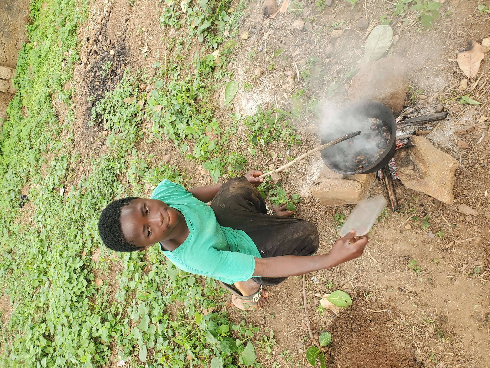 An overhead, slightly angled shot captures a young individual, likely a male, squatting on the ground in an outdoor setting in Akwanga, Nigeria. He has dark skin and short, dark hair, and is wearing a green short-sleeved t-shirt, dark trousers, and dark open-toed sandals. He looks directly at the camera with a calm, friendly expression and a slight smile. On his right sandal, a white "G" logo is visible.
The central activity depicted is outdoor cooking over an open fire. In front of the individual, a black pot or pan rests securely on three large stones that form a makeshift stove. Inside the pot, numerous dark, roundish objects, possibly palm nuts or similar seeds, are being roasted or parched. Thick plumes of white smoke rise from the pot, indicating active cooking, and embers glow beneath the pot from burning wood.
The individual holds a long wooden stick that extends into the pot, suggesting he is stirring the contents. In his right hand, he holds a small, translucent, flexible plastic sheet or container, which might be used to fan the flames or for another related task.
The ground around him is a mix of reddish-brown soil and patches of vibrant green, low-growing vegetation. Scattered dried leaves and small stones are also visible on the earth. The natural lighting suggests it is daytime. The scene conveys a moment of daily life, likely in a rural or semi-rural environment.