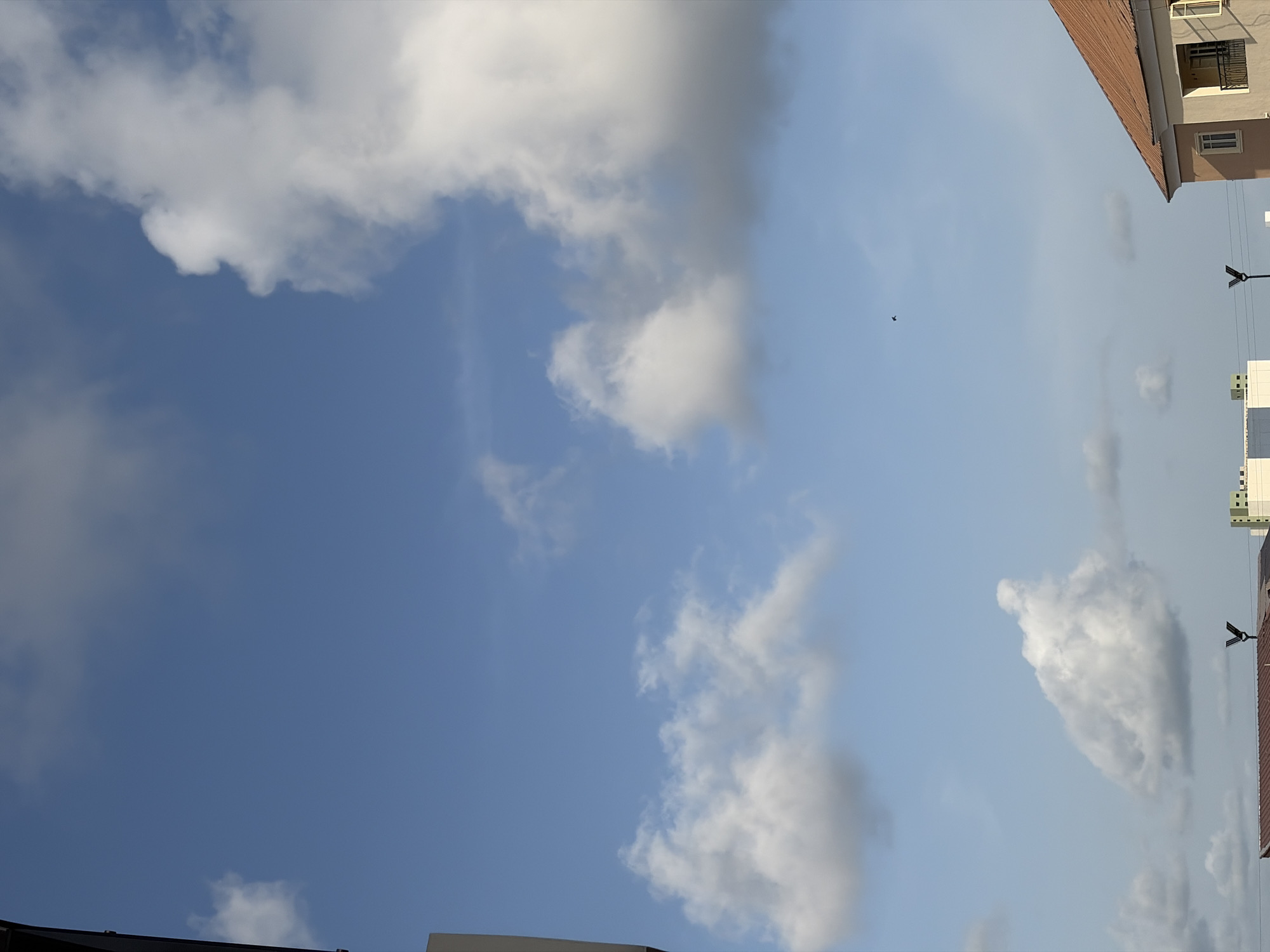 The image shows a daytime sky in Igboefon, Nigeria. A mix of fluffy white cumulus and thin cirrus clouds are scattered across a blue sky. A dark, indistinct bird is visible in the distance. Rooftops and building facades of multistory structures are visible along the right and bottom edges of the frame, indicating an urban environment. Streetlights are attached to buildings.