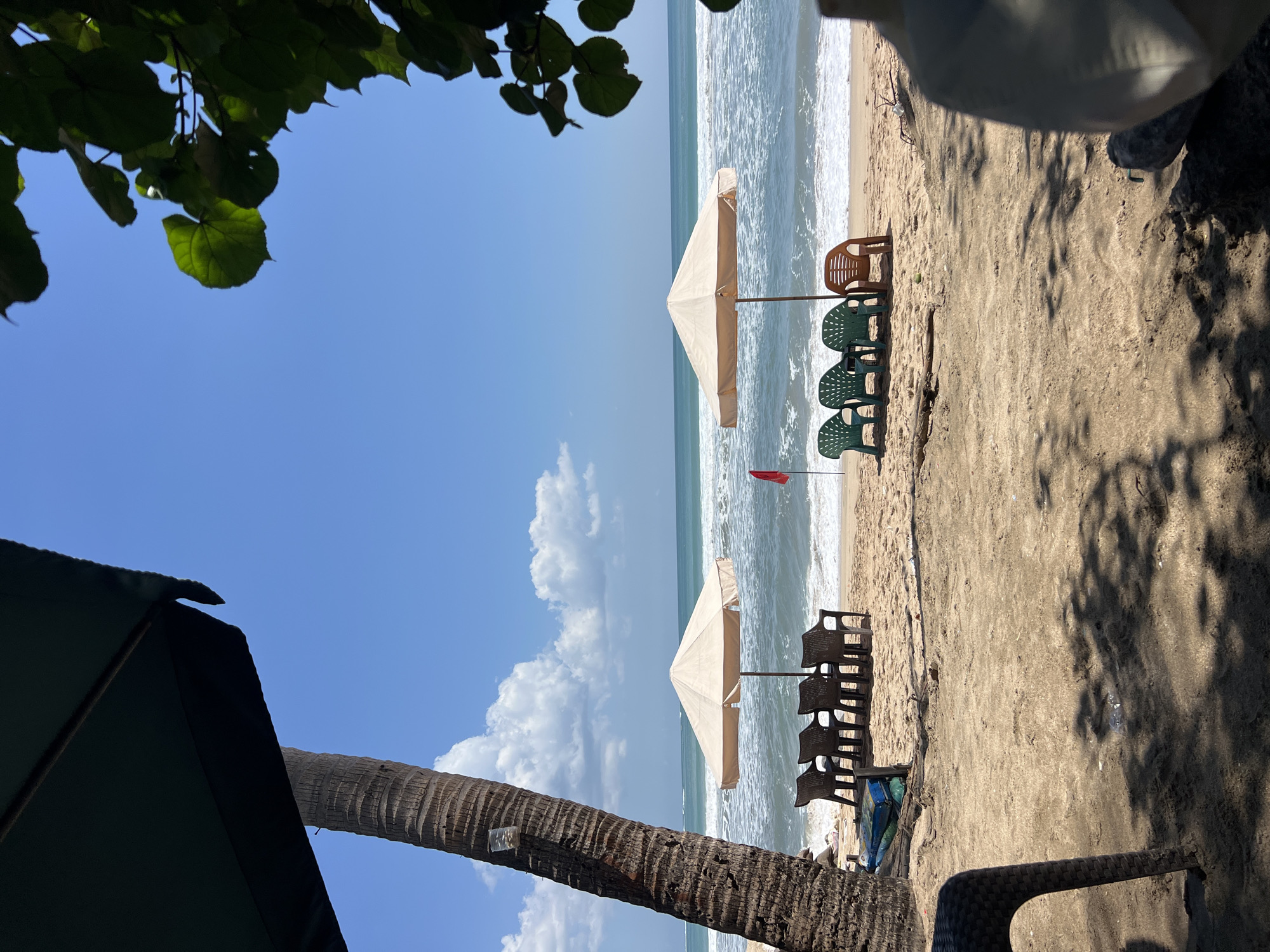 The image depicts a serene beach scene in Kuta, Indonesia, on a clear, sunny day. The foreground is dominated by sandy beach with scattered shadows cast by unseen foliage. A prominent palm tree stands to the left, with a dark green umbrella providing partial shade. In the mid-ground, two light-colored beach umbrellas are set up, each accompanied by a row of plastic chairs. The left umbrella has four dark plastic chairs arranged in front of it, while the right umbrella is accompanied by three green plastic chairs and one brown plastic chair. A small red flag is visible on a pole between the two umbrellas, planted in the sand near the water's edge.
The ocean stretches out to the horizon, with moderate waves breaking on the shore, creating a white foam line. The water is a clear blue-green, and the sky above is a vibrant, cloudless blue, with a few fluffy white clouds scattered near the horizon. Lush green leaves of a tree overhang the top right portion of the frame, adding a natural, organic element to the composition. The overall atmosphere is one of tranquility and relaxation, characteristic of a tropical beach destination.