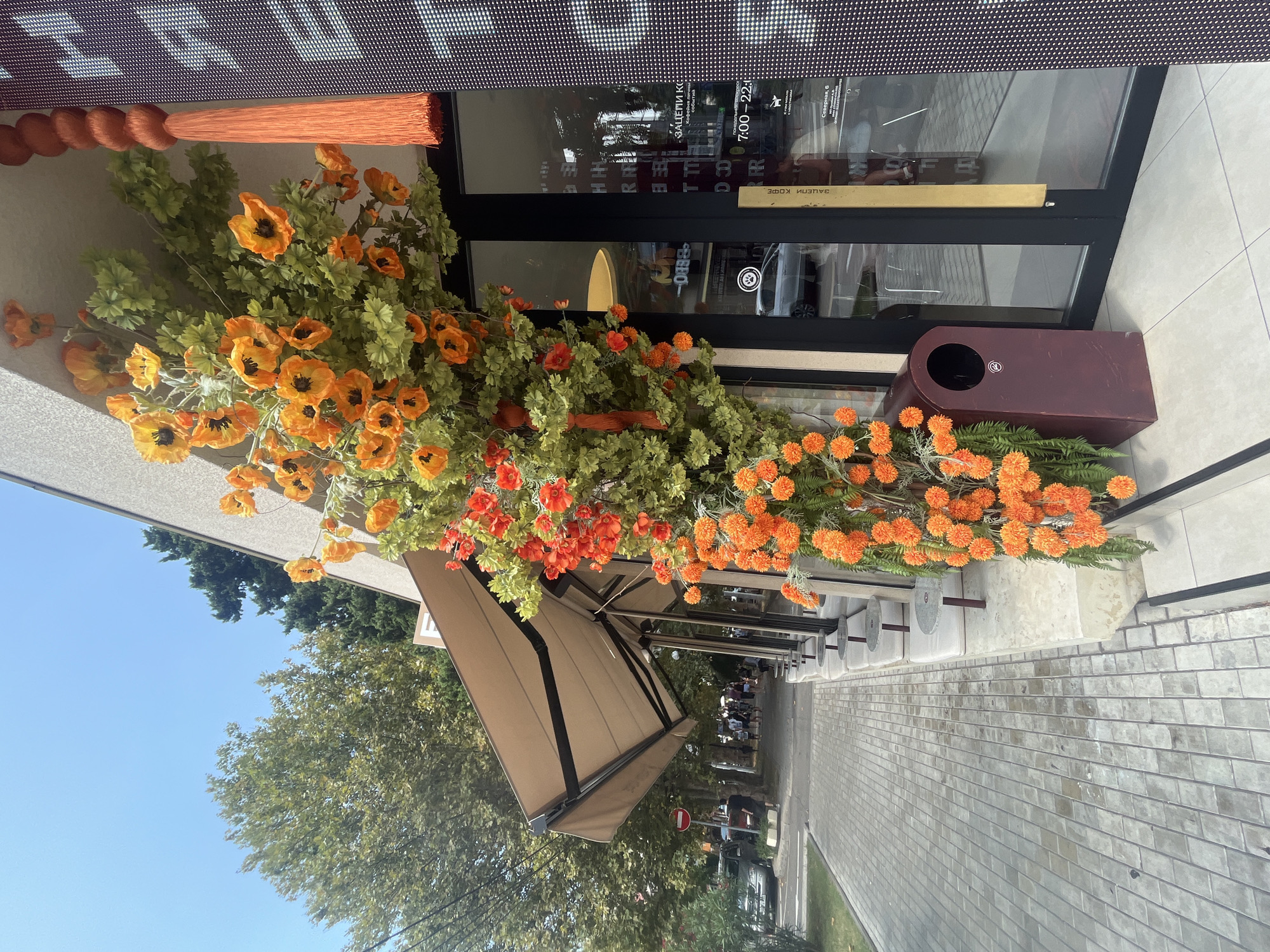 The image captures a street-level view of a building exterior in Sochi, Russia, adorned with vibrant artificial orange and red flowers cascading down its facade. The building features a beige awning over a storefront with glass doors. To the left of the entrance, a dark red trash receptacle stands on the sidewalk. The sidewalk itself is paved with gray rectangular tiles. Beyond the sidewalk, a street is visible with parked cars and a red and white circular traffic sign with a horizontal bar. In the background, lush green trees and a clear blue sky suggest a sunny day. The storefront window displays reflections of the surrounding environment and signage in Cyrillic. An orange tassel decoration hangs from the top right corner of the building.