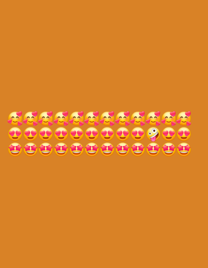 The image displays a repeating pattern of yellow emoji faces with pink hearts, set against a solid orange background. The emojis are arranged in two rows. The top row features emojis with hearts above their eyes, conveying affection or adoration. The bottom row predominantly shows emojis with heart-shaped eyes, indicating love or strong attraction. There is one outlier in the bottom row: an emoji with wide eyes, a sticking-out tongue, and one visible eye, which appears surprised or playful.

There is no discernible location in the city of Tanjungsari, Indonesia, depicted in this image. The image is a digitally created graphic without any real-world geographical context.