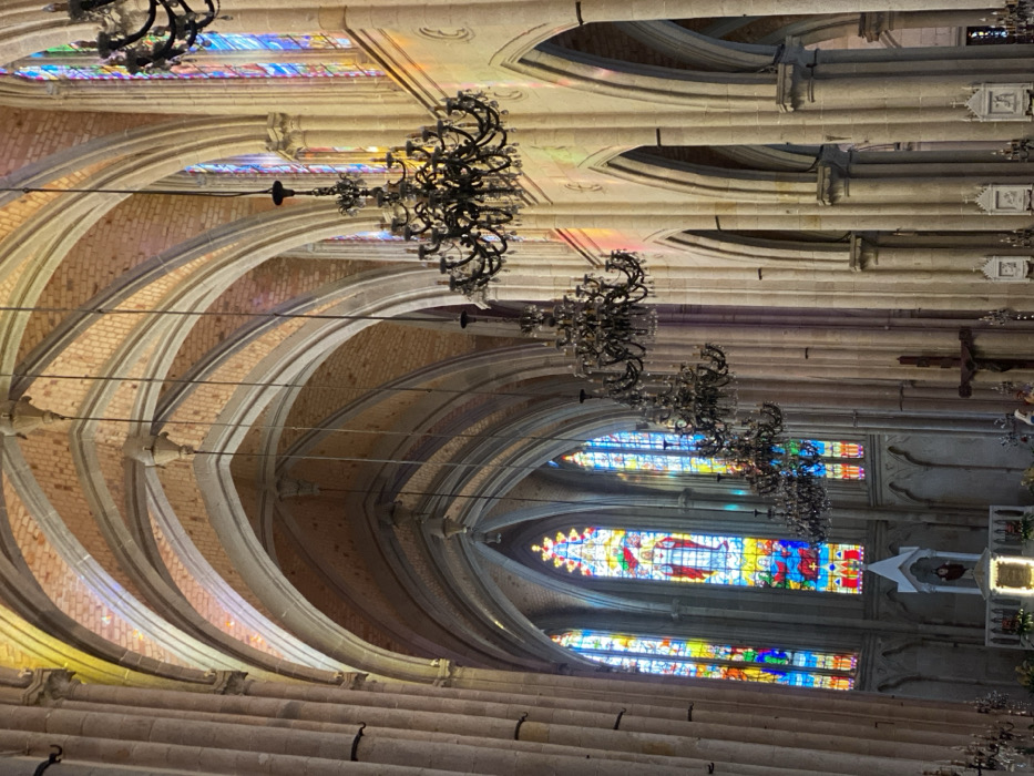 This image captures the majestic interior of a grand architectural space, likely a church or cathedral, viewed from a slightly elevated perspective towards the altar. The scene is dominated by intricate Gothic or Neo-Gothic architecture, featuring a series of high, pointed arches and ribbed vaulted ceilings constructed from light-colored stone and brickwork.
Numerous elaborate chandeliers, made of dark, ornate metal, hang in a line down the center of what appears to be the nave, extending into the distance. Along the right wall, several large, vibrant stained glass windows illuminate the interior with colorful patterns and depict religious figures and scenes. One particularly prominent window at eye level displays rich blues, reds, and yellows, illustrating a central figure.
Further down the right side, a small, white shrine or altar-like structure with a figure inside is visible. Above it, a dark wooden crucifix hangs on the wall. On the lower left of the image, long rows of stone or concrete benches, characteristic of church pews, extend into the foreground, suggesting a seating area. No people are present, and no specific activity or event is taking place, creating a serene and static ambiance.
The natural light streaming through the stained glass windows suggests it is daytime. The architectural style, stained glass, and religious artifacts strongly indicate a place of worship. Given the provided context, this is likely a prominent church in Guangzhou, China, such as the Sacred Heart Cathedral. No visible text is present in the image.