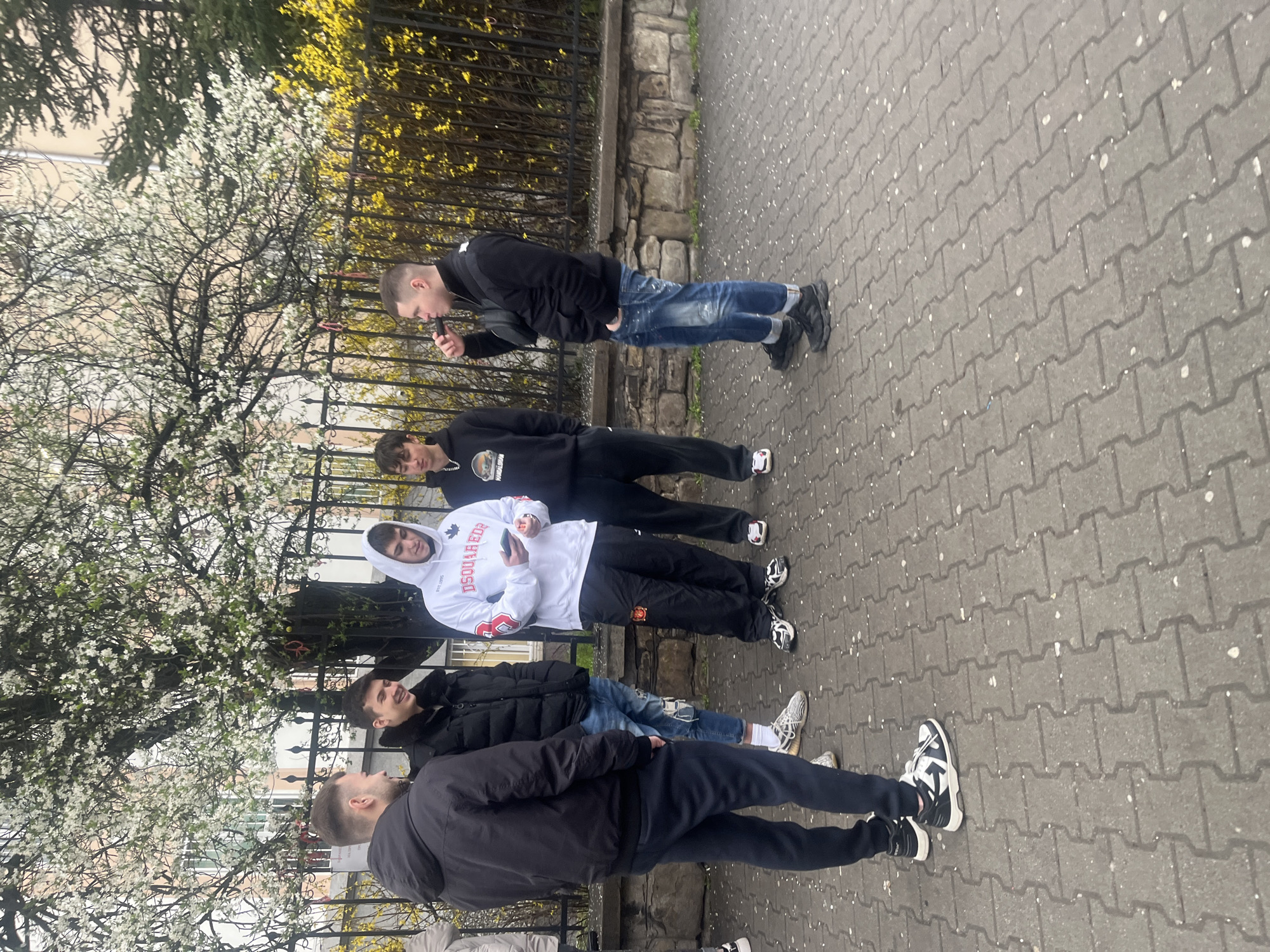 Five young men stand together on a brick sidewalk, possibly in Sofia, Bulgaria. They are positioned in a line along a black metal fence with a stone wall behind it. Trees with white and yellow blossoms are visible behind the fence. The men are casually dressed in jackets, hoodies, jeans, and athletic pants. The first man appears to be using a vaping device. The others seem to be engaged in conversation or interacting with each other. The scene appears to be outdoors during the daytime.