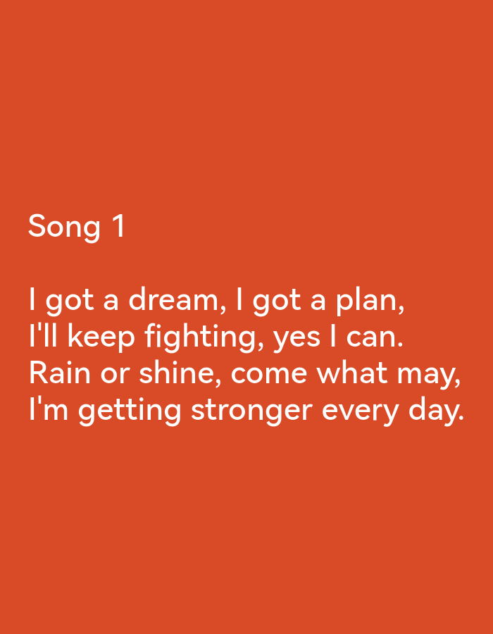 The image shows text on an orange background. The text reads "Song 1" and then "I got a dream, I got a plan, I'll keep fighting, yes I can. Rain or shine, come what may, I'm getting stronger every day." There are no people or any other objects visible in the image. The location in Ikorodu, Nigeria is not discernible from the image.