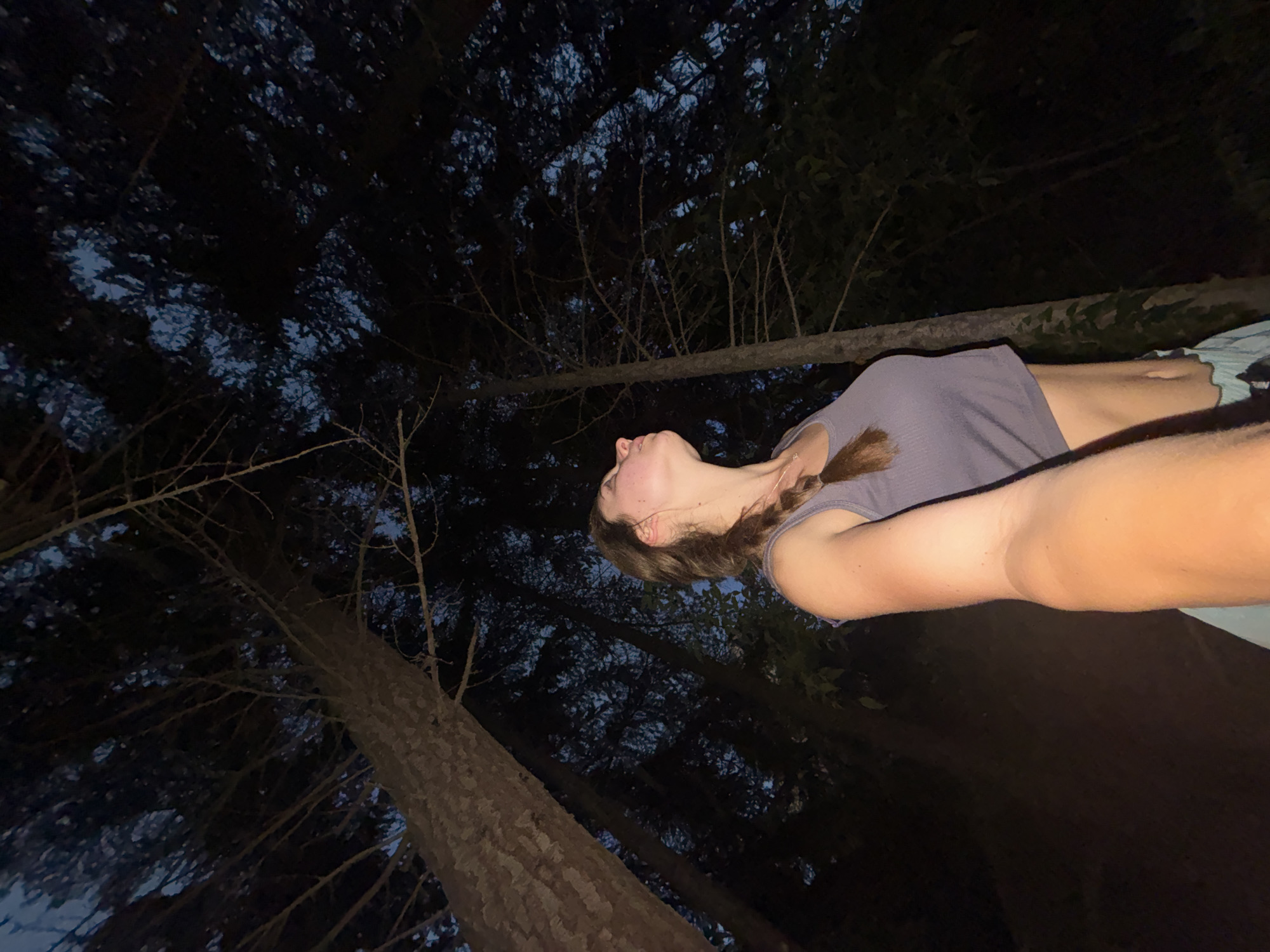 The image shows a young woman with brown hair in a braid, wearing a grey tank top and light blue shorts. She is standing outdoors in a forest at dusk or night. The trees are tall and dark, with many branches. The sky is visible through the trees and appears to be a deep blue. The woman is looking up at the sky. The overall impression is one of a peaceful, natural setting.
It is not possible to determine the location in the city of Varna, Bulgaria, from the provided image.