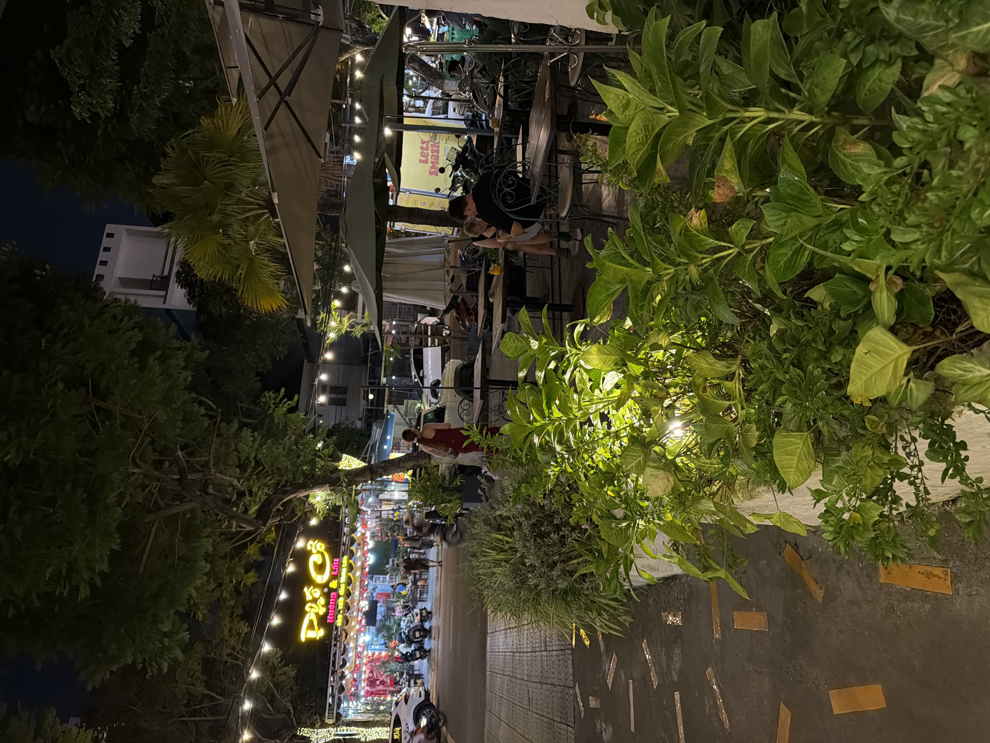 Captured at night in Đà Nẵng, Vietnam, the image presents a street scene with a vibrant, bustling atmosphere. The foreground features dense greenery on a sidewalk adjacent to a road paved with concrete tiles. A restaurant or cafe, brightly lit with decorative string lights, dominates the left side of the frame, revealing tables occupied by patrons. A large yellow sign displays Vietnamese script. Further down the street, more lights illuminate other establishments. Individuals are seen walking along the sidewalk and crossing the street, while parked motorbikes line the road. A few cars are also visible. A white building is seen in the distance.