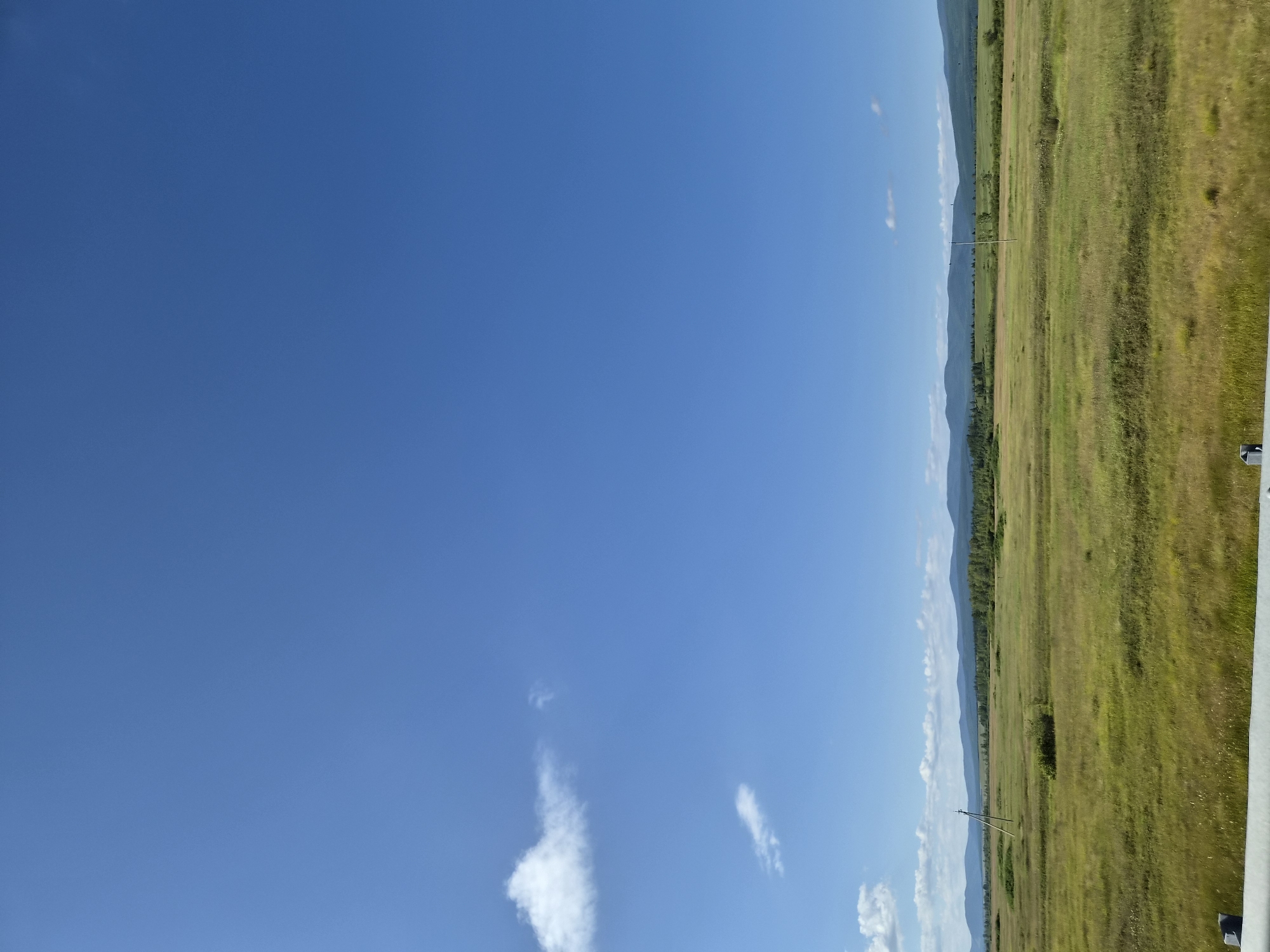 This is a landscape photograph taken in Novosaliya, Russia, on a clear day. The image features a vast expanse of green and yellow grass, suggesting a meadow or field. In the distance, a line of trees creates a verdant backdrop, beyond which lie rolling hills or mountains, appearing muted blue in the distance. A single utility pole stands in the middle ground of the field. The sky is a vibrant, cloudless blue, with a few wispy white clouds scattered near the horizon. The foreground is partially obscured by a metallic railing or barrier, suggesting the photo was taken from a moving vehicle or elevated vantage point. There are no people or animals visible in the scene. The overall impression is one of a peaceful, rural landscape under a bright sky.