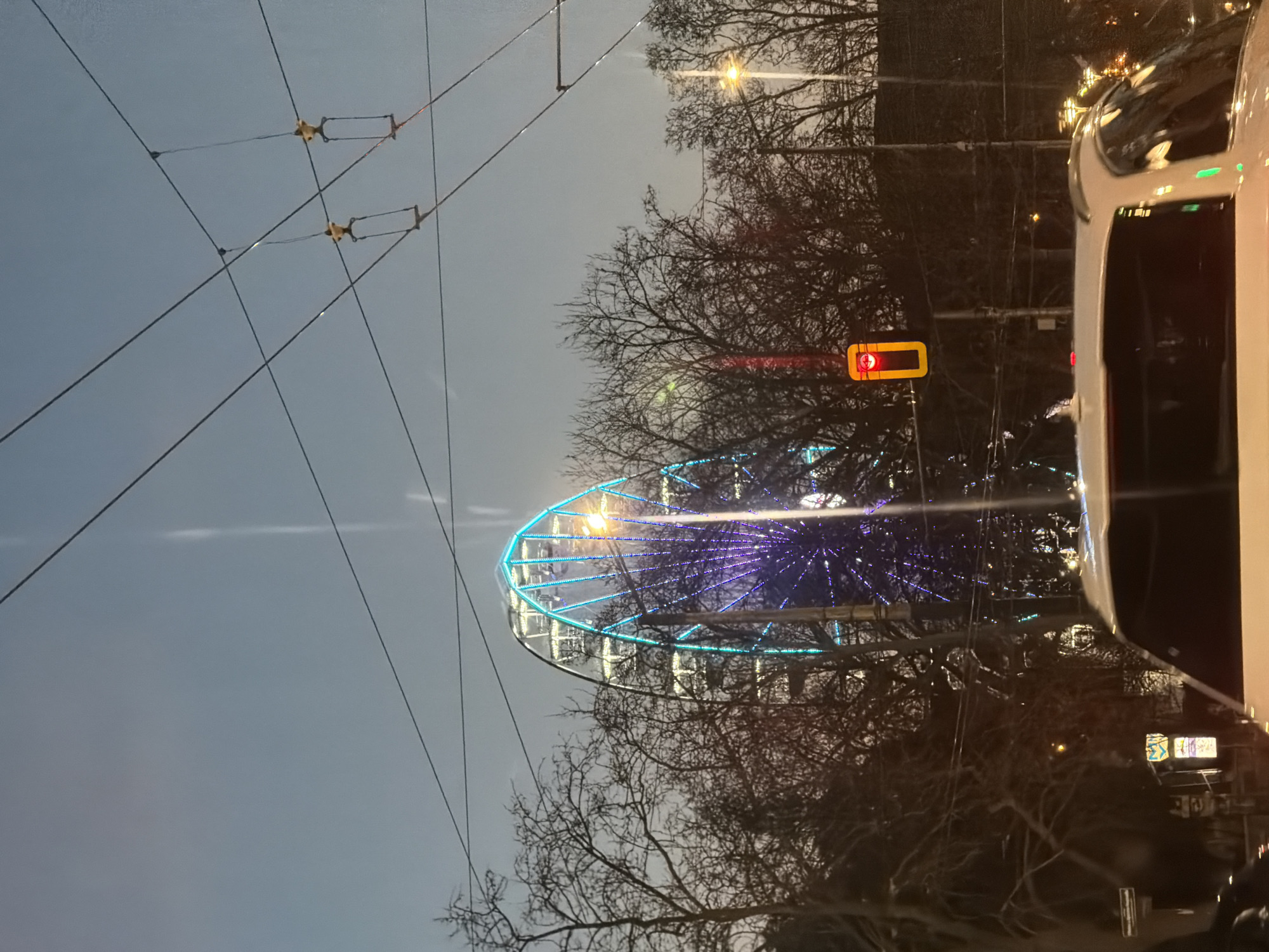 Captured at night in Sofia, Bulgaria, the image features a brightly illuminated Ferris wheel. Dominating the skyline, the Ferris wheel is adorned with blue and purple lights. In the foreground, stark, bare tree branches weave a complex pattern against the evening sky. Overhead tram wires, typical of urban landscapes, stretch across the view. To the right, the side of a white vehicle partially obscures the scene. A red traffic signal can be seen amidst the trees.