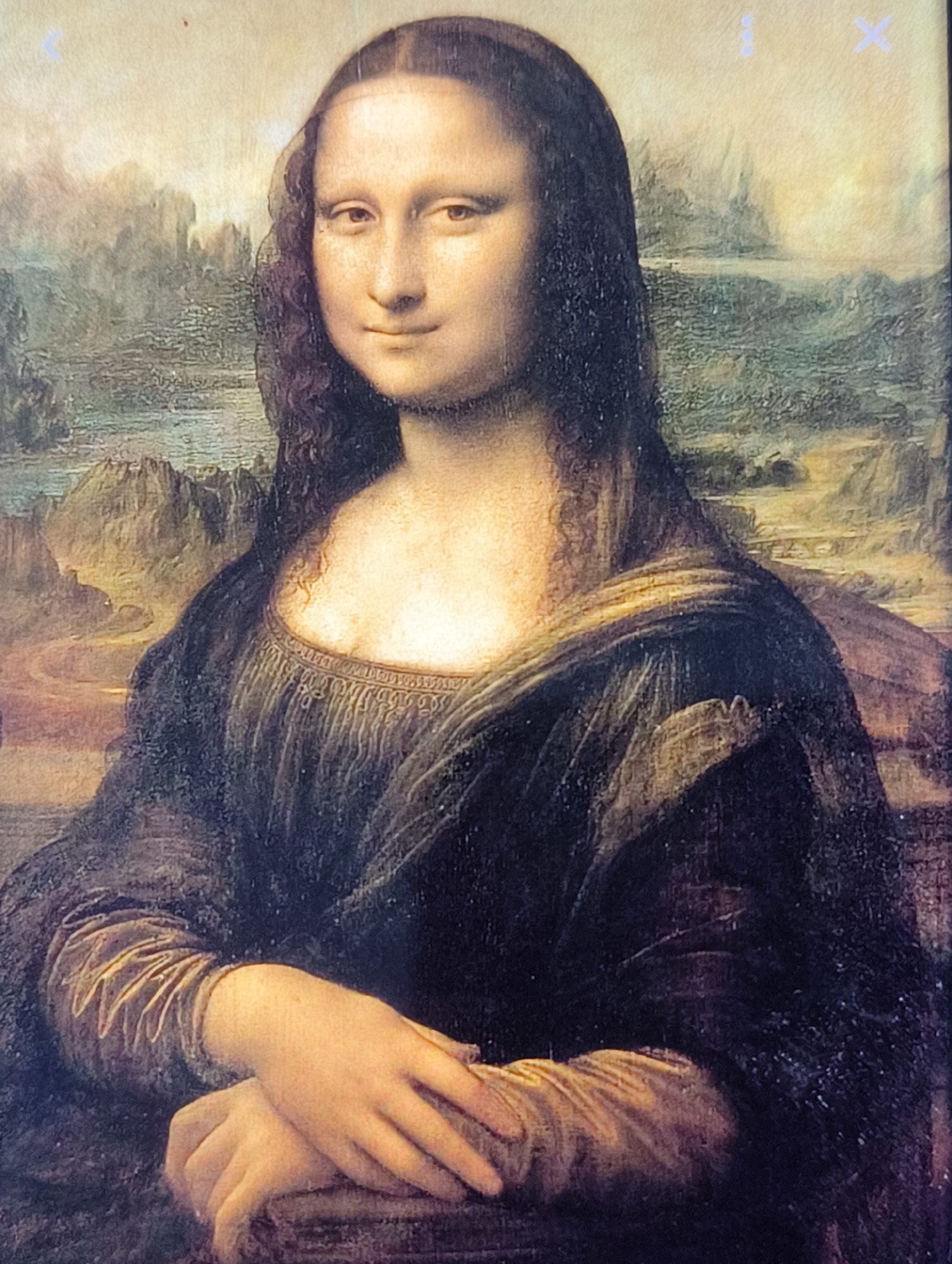 The image is a close-up, waist-up portrait of the Mona Lisa painting. The subject, a woman with dark, wavy hair and a serene expression, is depicted from the shoulders up. She is wearing a dark, intricately patterned dress with lighter, textured sleeves. Her hands are clasped in front of her, resting on what appears to be a dark object. The background is a hazy landscape with rocky formations and a body of water, rendered in muted tones of green, brown, and blue. The lighting is soft, highlighting the subject's face and hands.