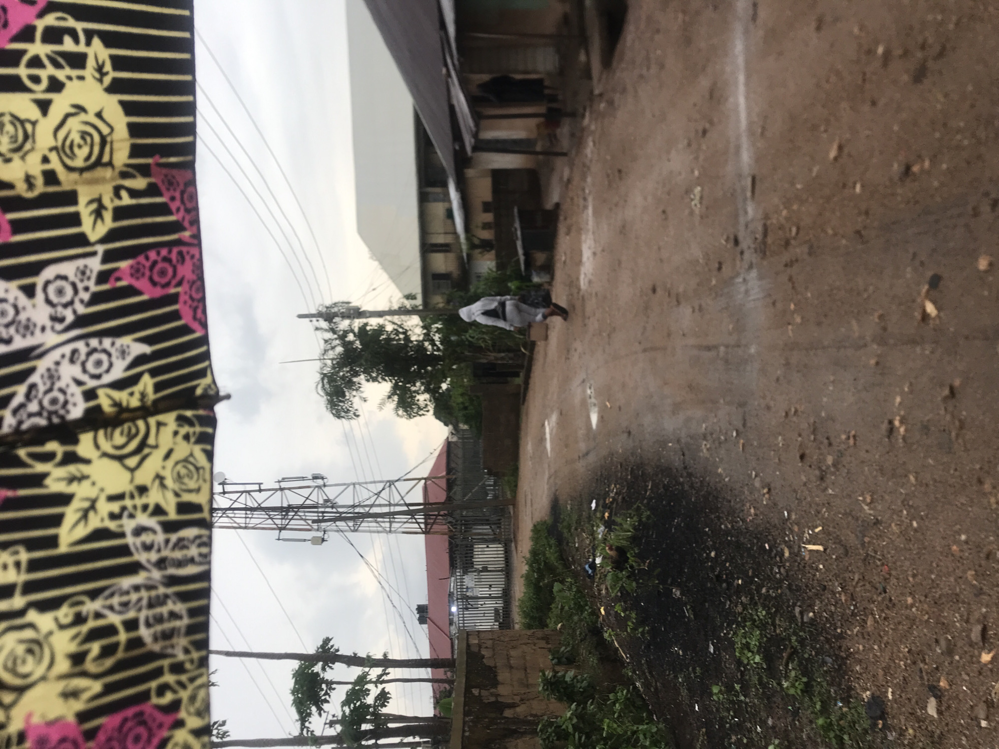 This image, captured in Rafin Par, Nigeria, presents an outdoor scene featuring a dirt path, buildings, and natural elements under an overcast sky. In the immediate foreground, to the left, a patterned fabric with yellow roses, pink butterfly-like shapes, and white floral designs on a black background with horizontal yellow stripes is visible, suggesting it might be part of an umbrella or clothing close to the camera.
A single person, dressed in light-colored clothing and wearing a hood, walks away from the viewer along the unpaved path. The path itself is brown, uneven, and covered with small stones and debris. To the right of the path, there's a patch of dark soil and scattered greenery, possibly containing refuse.
In the mid-ground and background, several simple buildings with corrugated roofs are visible. A tall, metal lattice structure, likely a cell tower or transmission tower, stands prominently on the left side of the frame, with power lines extending across the cloudy, grey sky. Trees and other vegetation are dispersed throughout the scene. There is no discernible text within the image. The general atmosphere suggests a cloudy day, possibly late morning or afternoon.