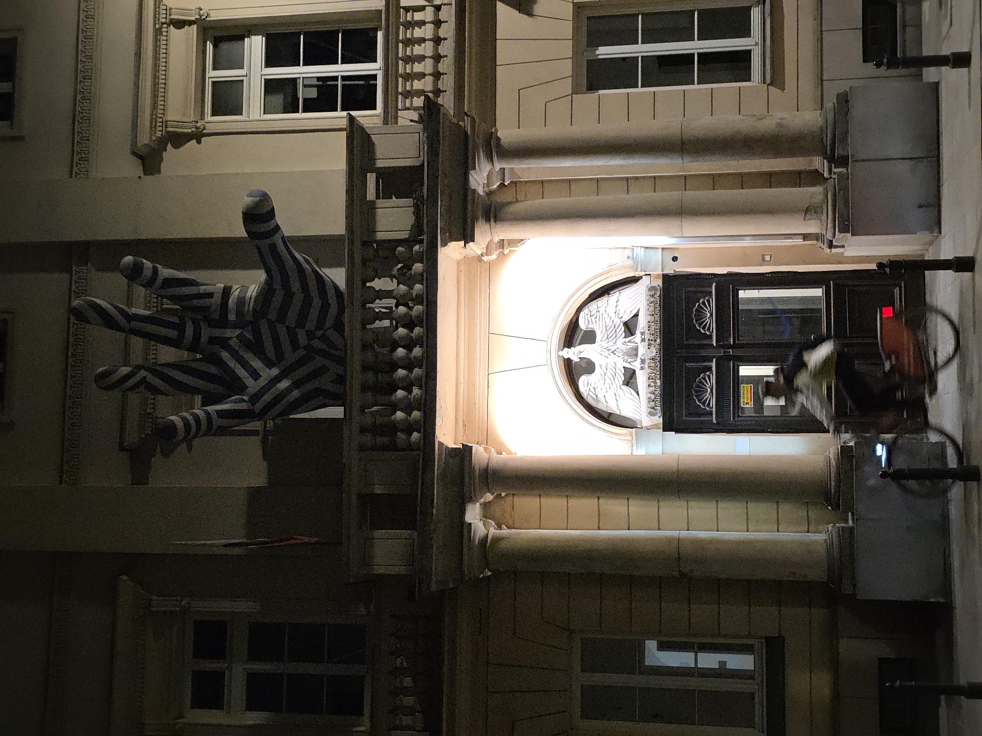 The image shows a nighttime view of the facade of the Academy of Fine Arts in Warsaw, Poland. The building has a classical architectural style with columns and ornate details. Above the entrance is a circular emblem featuring an eagle. Adjacent to the building is a large sculptural hand, painted with blue and white stripes, extending outward. A person on a bicycle is visible in front of the building's entrance. The building is lit with warm-toned lighting, contrasting with the darker surrounding environment. Windows are visible on multiple levels of the building.