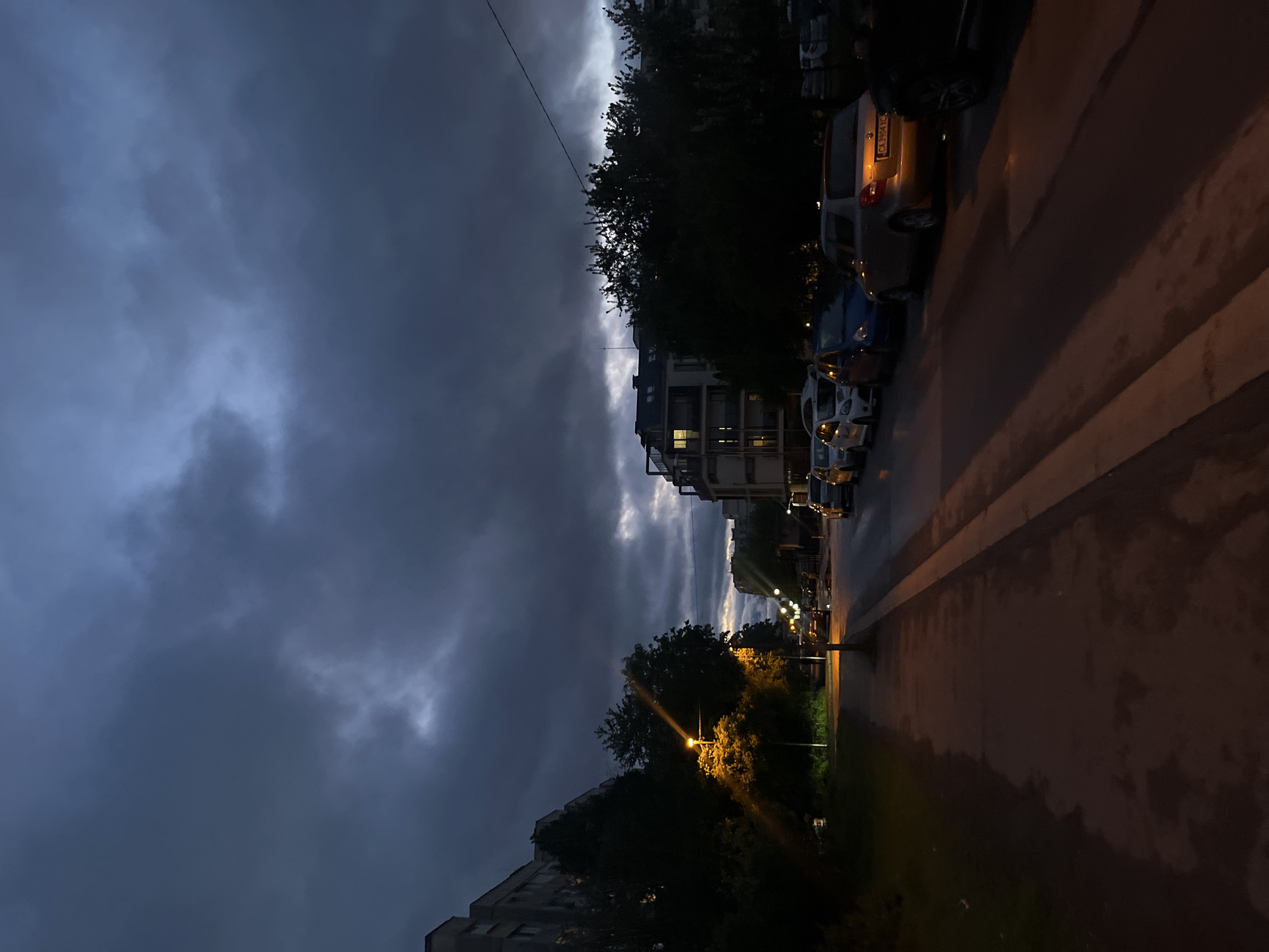 The image captures a dark, overcast urban street scene, likely at dusk or night, under heavy, turbulent cloud cover suggesting impending or recent stormy weather. The sky, occupying the upper and left parts of the frame (when correctly oriented), is filled with dense, dark grey and bluish clouds, with lighter patches indicating breaks in the mass or distant light.
A street or sidewalk runs along the right side of the frame, lined with parked cars and illuminated by several streetlights emitting an orange-yellow glow. The rear of a silver car in the mid-right shows its illuminated license plate, displaying the text "CA3914AT". Further along the street, a white pedestrian crossing with distinct zebra stripes is visible on the dark paved surface.
Buildings, mostly silhouetted, are visible in the background and foreground, with one prominent structure in the mid-left featuring illuminated windows, suggesting occupants are present. Dense, dark trees are interspersed along the street, their foliage either silhouetted against the lighter sky patches or subtly lit by the streetlamps.
No people are visible, and no specific activity is taking place, contributing to a quiet, somewhat somber atmosphere. The predominant colors are dark greys, blues, and blacks, contrasted by the warm orange artificial lights. The visible license plate confirms the location as Sofia, Bulgaria.