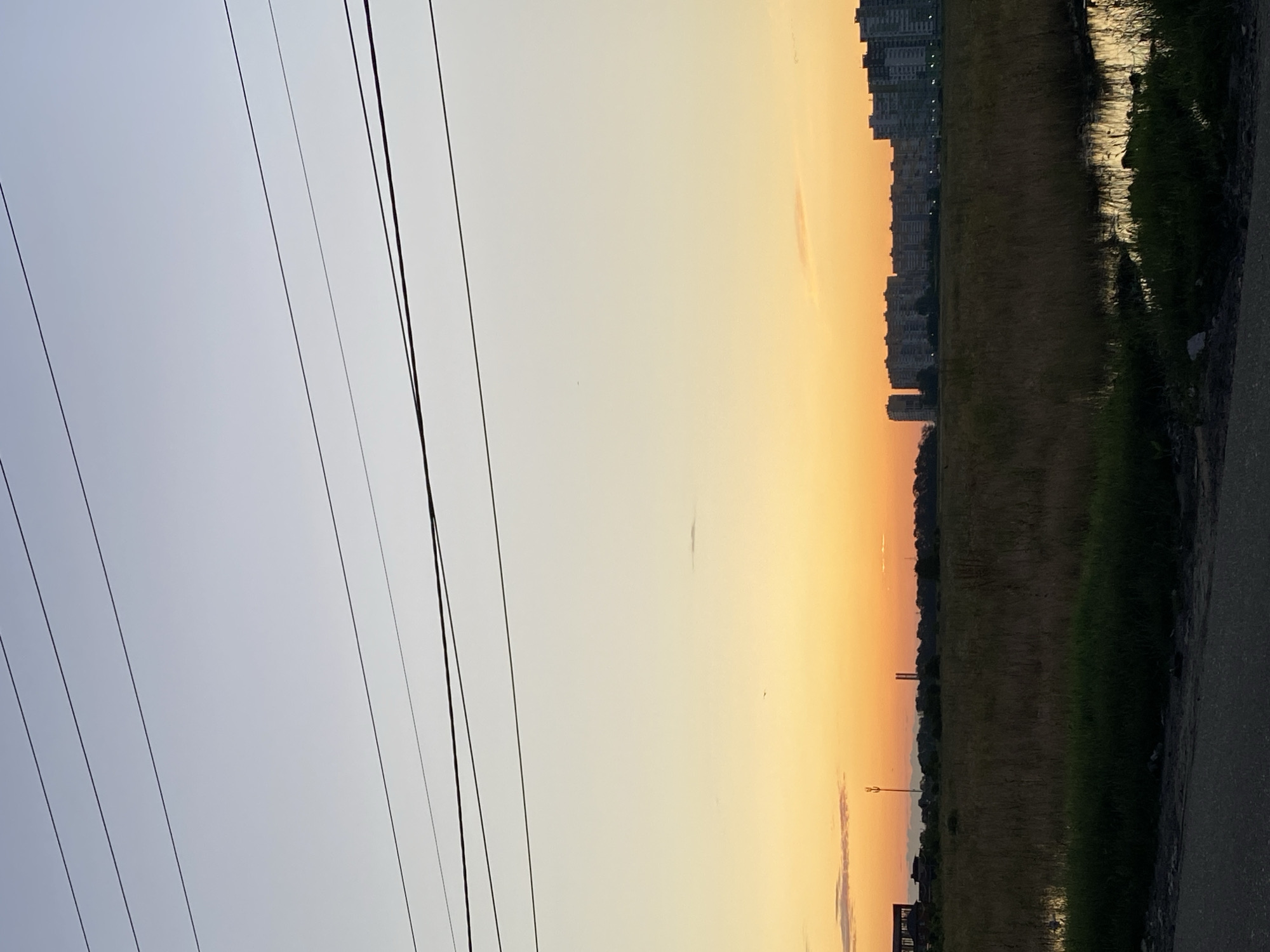 This image captures a wide landscape view at dusk. The sky transitions from a pale blue at the top to a vibrant orange and yellow closer to the horizon, indicating sunset or sunrise. Multiple power lines are strung across the upper portion of the frame, appearing dark against the lighter sky.
In the middle ground, a field of tall, dry grass dominates the scene, with a small body of reflective water visible in the foreground, suggesting a wetland or marshy area. Along the horizon, a line of residential buildings forms a cityscape. To the left, a dark, unfinished structure is partially visible, possibly under construction. A tall cell tower stands prominently in the distance. The foreground shows a dark, paved surface, likely a road, with some low green vegetation bordering it.
The image depicts an urban fringe or suburban area where natural landscape meets developed infrastructure, under the soft light of twilight. There are no people visible in the image.