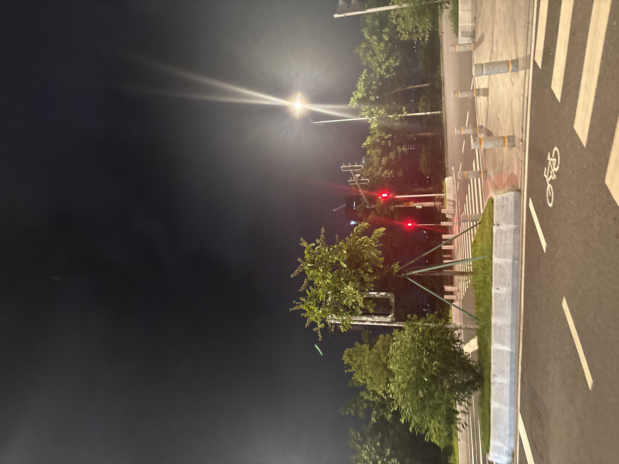 The image depicts an urban street scene at night in Tianhe District, China. The sky is dark and overcast, with bright light emanating from a street lamp on the right side of the frame, creating strong light streaks. A traffic light showing red is visible in the middle ground, along with other traffic lights further in the background. Trees with green foliage are scattered throughout the scene. In the foreground, a road with white lane markings and a bicycle symbol is visible, along with a pedestrian crossing marked by white stripes. Several bollards with yellow bands line the edge of the crossing and sidewalk. A concrete barrier separates the road from a raised grassy area with a small tree supported by stakes. The overall atmosphere is nocturnal and urban, with artificial lighting illuminating the street and surrounding elements.