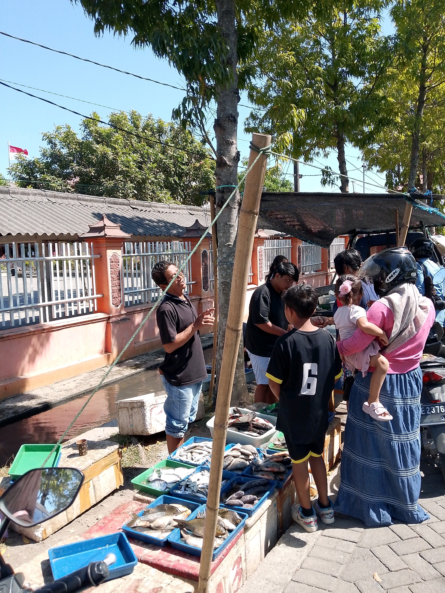 In Tepas, Indonesia, an outdoor market scene unfolds under a clear blue sky, with trees providing dappled shade. A man in a black polo shirt and blue jeans stands near a canal, gesturing while seemingly engaged in conversation. He is positioned beside a row of plastic containers filled with fresh fish. Adjacent to him, a group of people are gathered around a stall. A woman, wearing a pink top, blue skirt, and a black helmet, holds a young child. To her left, a young boy in a black t-shirt with the number "6" on the back looks on. Behind them, other individuals are visible, some interacting with the fish on display. The market is set up along a pathway with a tiled surface, and a motorcycle is parked nearby. A red and white Indonesian flag is visible in the background, attached to a pole amidst the trees. The overall impression is one of a lively, everyday marketplace.