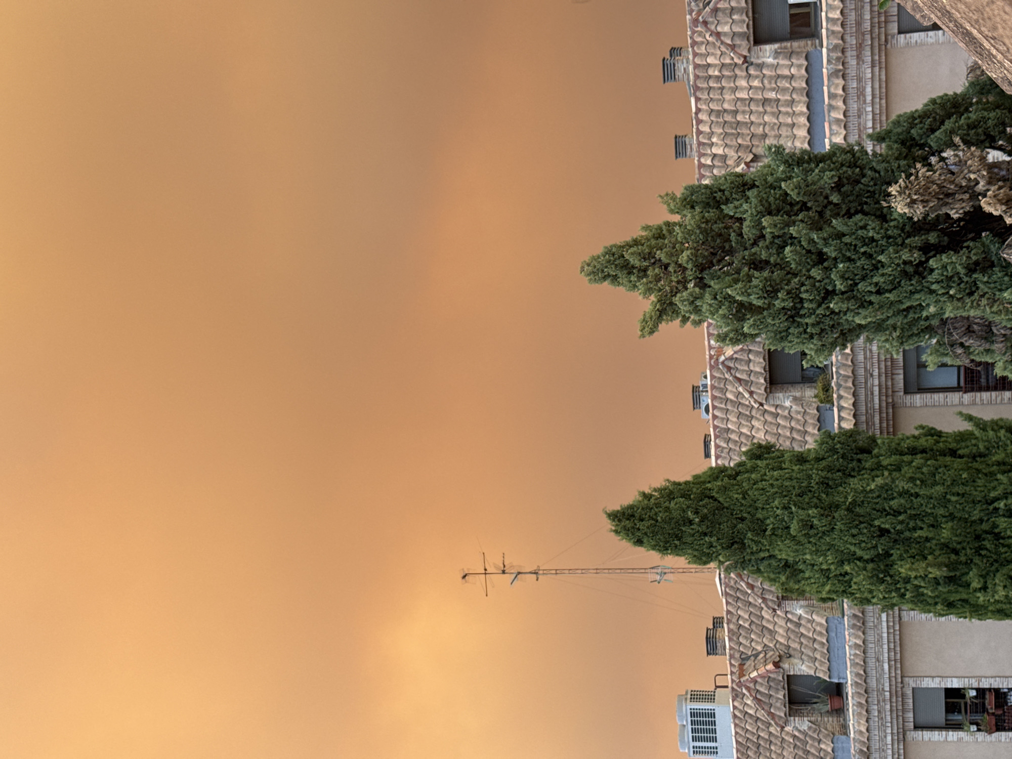 This is a photograph of a city skyline, likely taken in Las Rozas de Madrid, Spain, characterized by an unusual orange sky. The sky is a dominant feature, filled with a thick, uniform haze that gives it a deep orange or ochre hue. In the foreground, the tiled roofs of several buildings are visible, some with dormer windows and chimneys. Two prominent, tall evergreen trees stand in front of the buildings, their dark green foliage contrasting sharply with the bright sky. To the left, an antenna tower with multiple aerials rises above the rooftops. The overall atmosphere suggests a significant atmospheric event, possibly related to dust or smoke, that is obscuring the typical sky color and visibility.