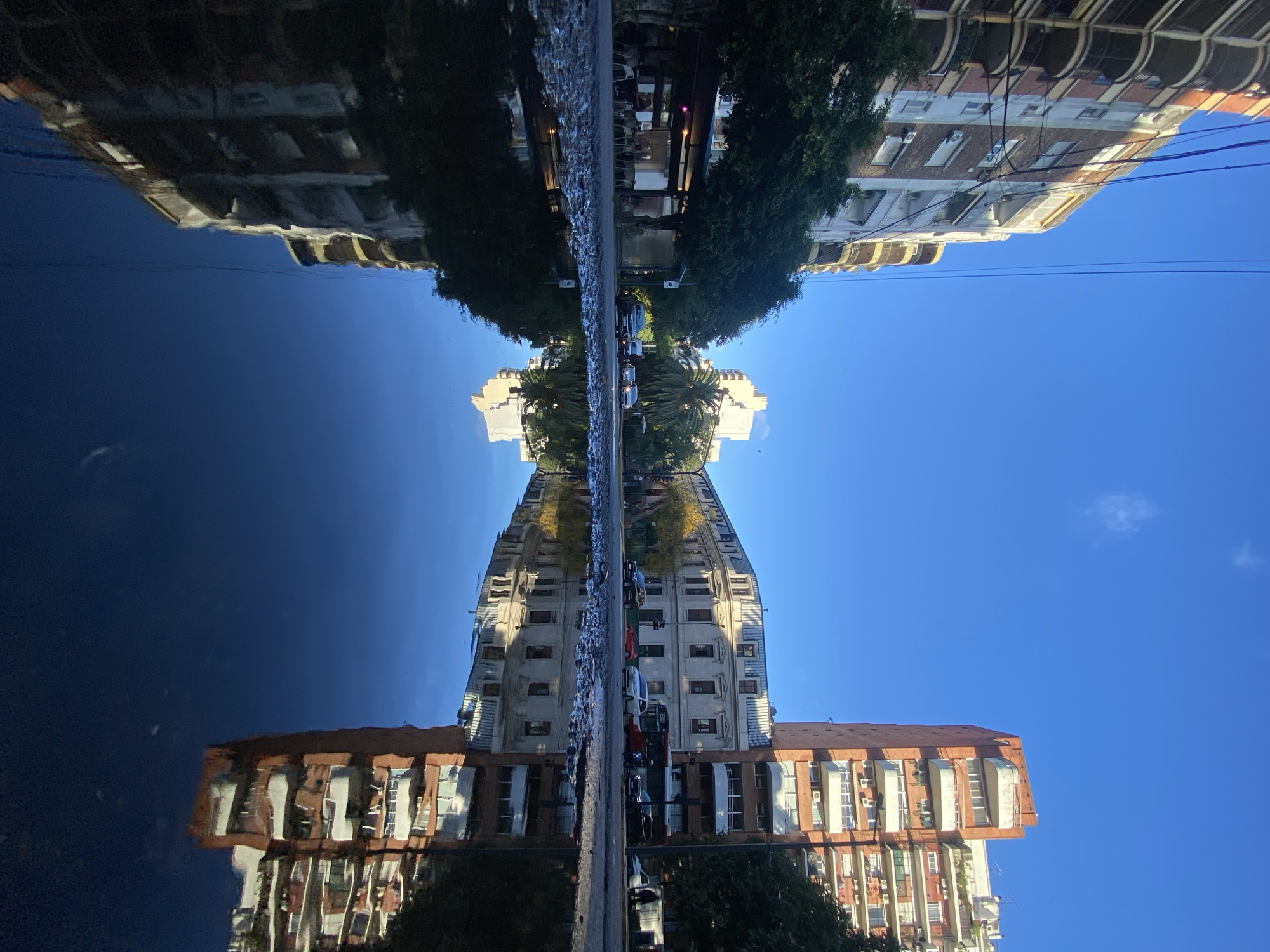 The image, when viewed upright, presents a striking symmetrical composition of an urban street scene split vertically by a reflective surface. The right half displays the actual environment, while the left half shows its mirror-like reflection in a dark, still body of water, likely a large puddle or recently wet street.
On the right, under a clear, vibrant blue sky, a row of multi-story buildings lines a street. These structures showcase diverse architectural styles, including older, ornate buildings with multiple balconies and bay windows, and more contemporary ones with prominent brickwork. Green foliage from various trees, including palm trees, softens the urban landscape along the street. Several cars are visible on the street, though their details are indistinct. Overhead power lines are faintly visible against the sky.
The left side of the image captures an almost perfect, inverted reflection of this scene. The buildings, trees, and blue sky are replicated with impressive clarity in the dark, reflective surface. The sky in the reflection appears slightly darker than the actual sky, enhancing the reflective quality of the water.
The scene suggests a bright daytime, possibly morning or late afternoon, given the strong illumination. The clear sky and wet ground imply either recent rainfall or an early morning dampness that created the reflective conditions. There are no discernible human figures, specific activities, or legible text. The overall impression is one of serene urban beauty, emphasizing the unique visual phenomenon of the reflection in a street of Buenos Aires, Argentina.