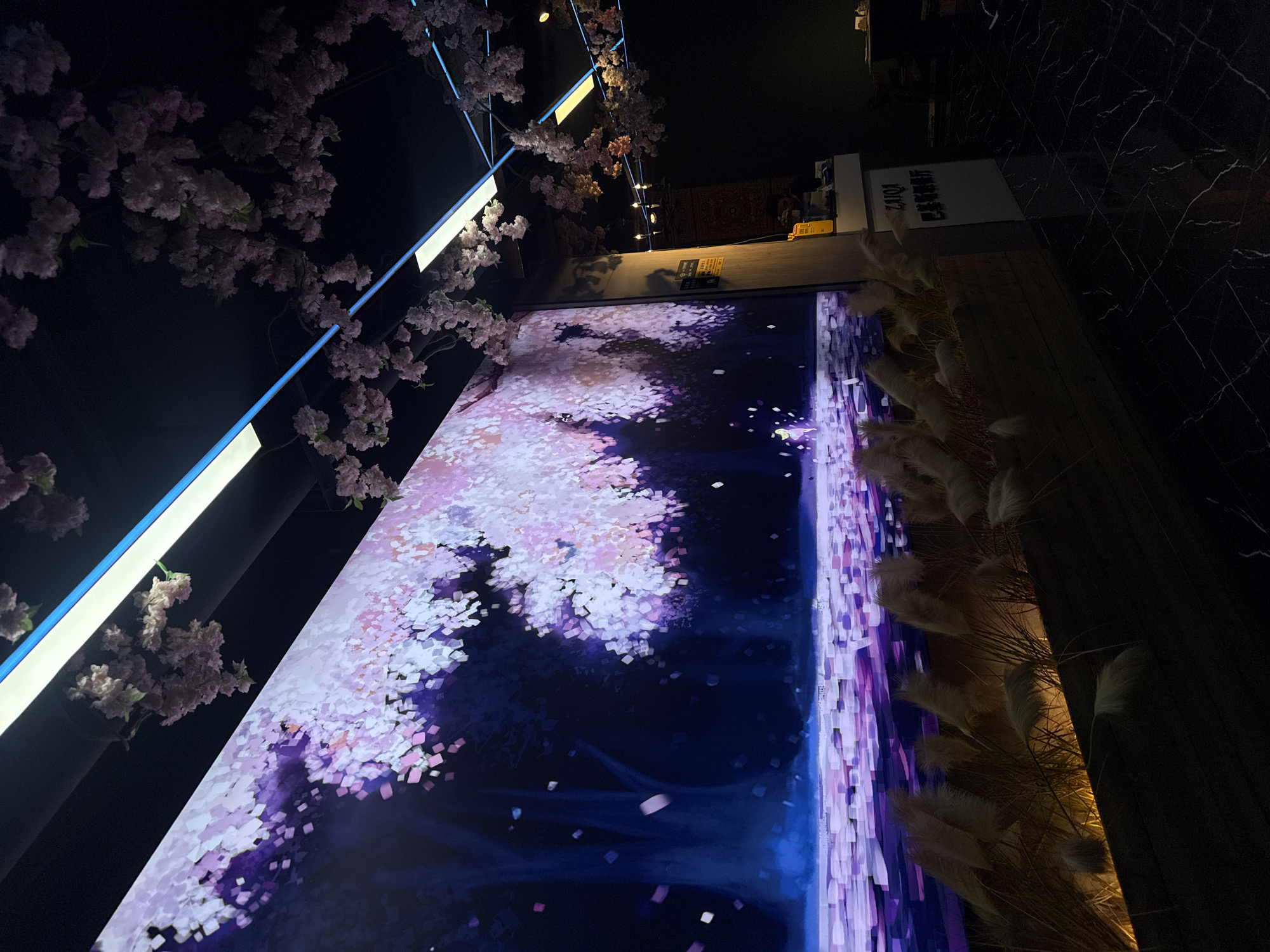 The image shows an indoor display with artificial cherry blossoms along the upper and left edges. The display features an animated screen with blue and purple hues and white, square-shaped elements. Fluffy white plants line the right edge of the display. Overhead, a ceiling sign reads "RUIQI" in Chinese characters along with "RUIQI2". The location is Liangjiang, China.