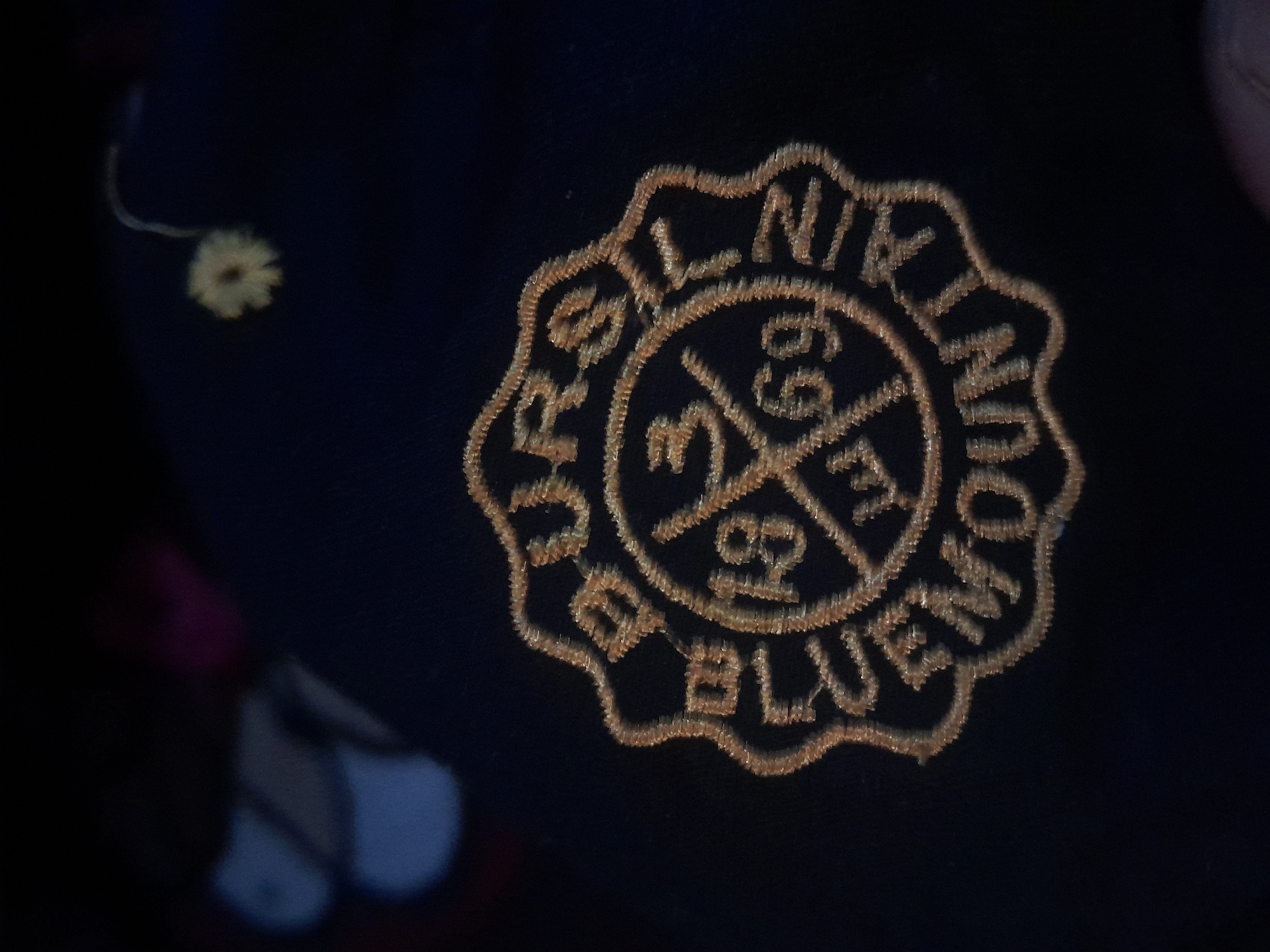The image shows a close-up of an embroidered emblem on a dark fabric, likely a piece of clothing. The emblem is circular with a serrated edge and appears to be golden or brass-colored. Inside the circle, there is text and numbers arranged in a design. The outer ring of text appears to read "BLUEMOUNTAIN". Inside this, there is more text, possibly "BURG". In the center, there is a cross-like design with numbers. The numbers "18", "3", and "69" are visible within this central design. The image is slightly out of focus, but the embroidery is detailed. There are also some blurred elements in the background, including what looks like a small, light-colored flower or pom-pom and some out-of-focus shapes that are not clearly identifiable. The specific location in Depok, Indonesia, is not evident from the image itself.